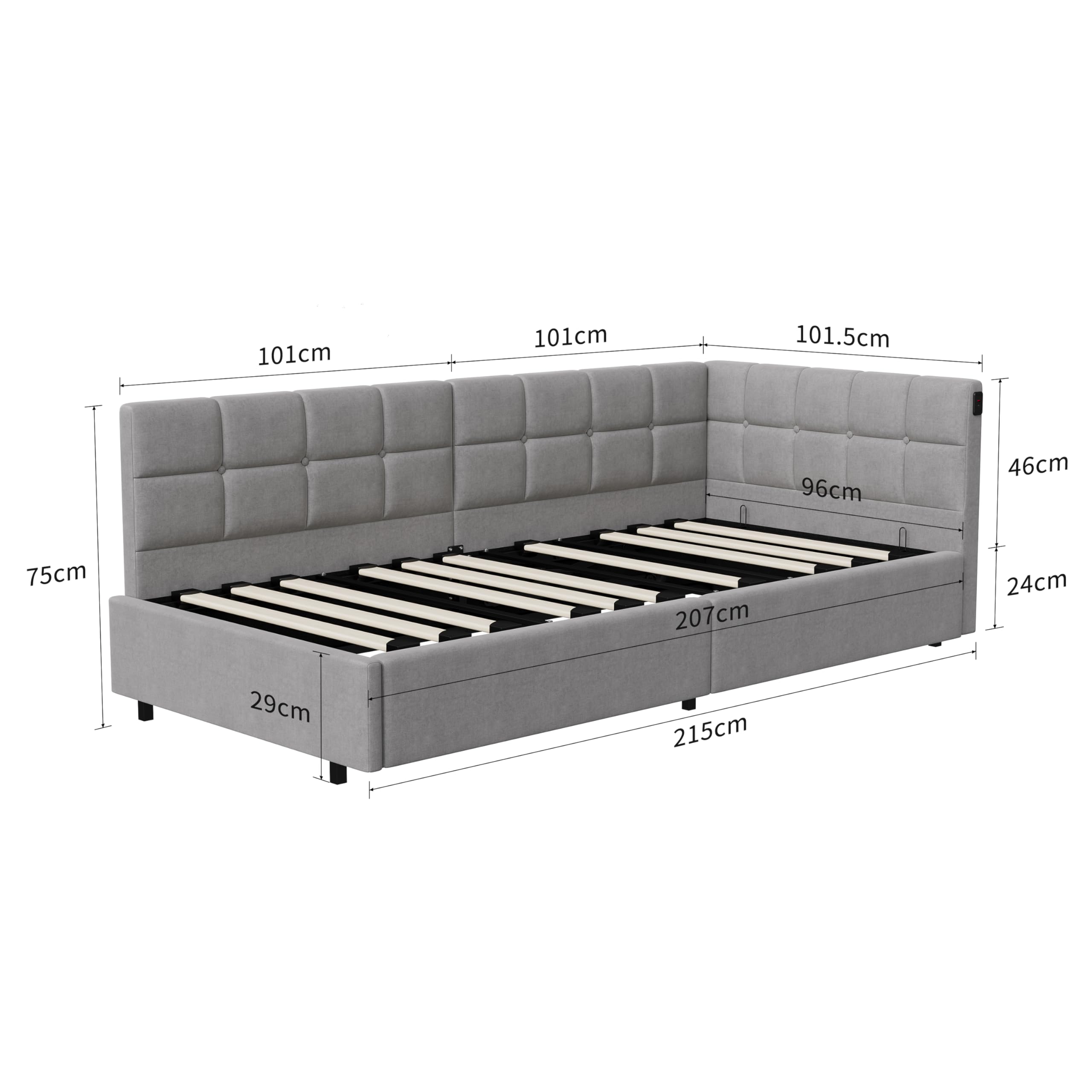 Łóżko tapicerowane 90 x 200 cm, łóżko pojedyncze ze schowkiem 90 x 200 z oświetleniem LED i USB, łóżka z hydrauliczną komorą, rama łóżka z stelażem listwowym, aksamit, szary (szary, 90 x 200 cm)