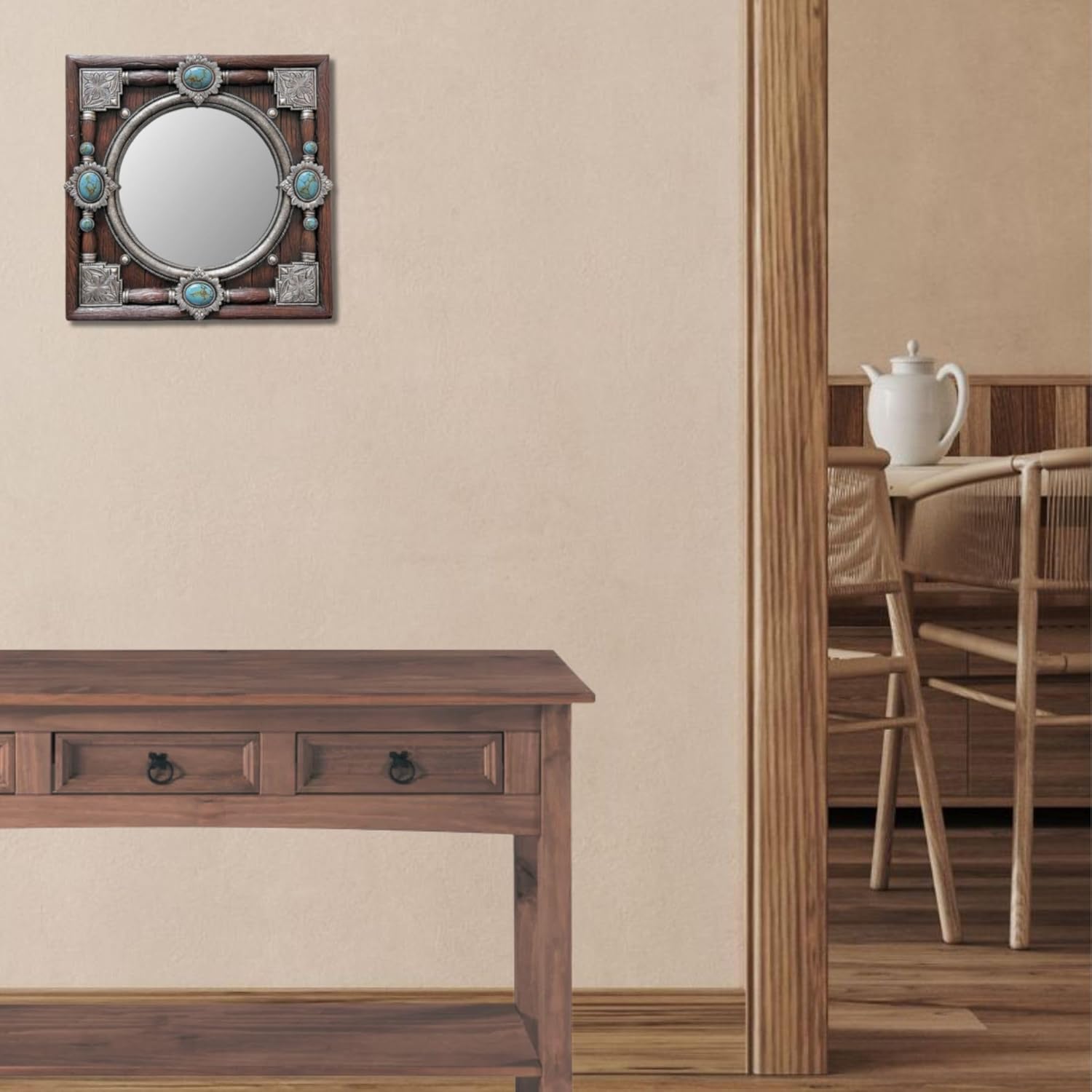 BestGiftEver Decorative Round Mirror on a Square Faux Wood Frame in Resin with Turquoise Accent - Vintage Wall Mounted Mirror Rustic Cabin Home Decor- Ideal Gift for Western-Themed Home Enthusiasts