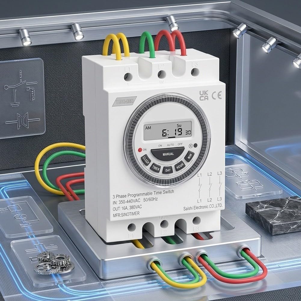 TM619-380V Interruptor Temporizador Programable Trifásico, Controlador de Tiempo Digital de 7 Días, 16A 380VAC, Retroiluminado LCD 18 Modos de Programa