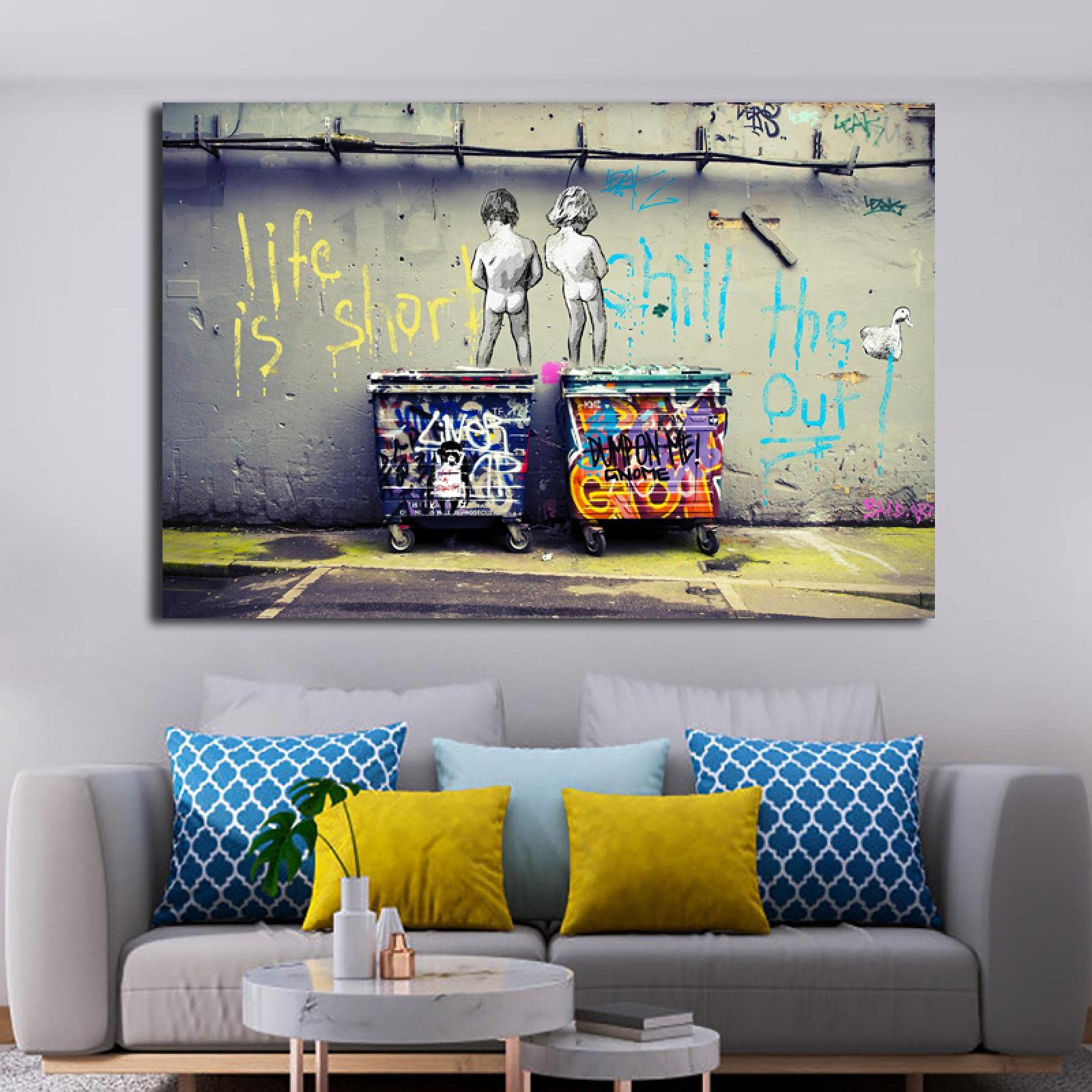 GLWDMB Lienzo impreso Banksy Graffiti Art Life Is Short Chill The Duck Out lienzo carteles arte callejero imágenes decoración pintura - Enmarcado, 1 Pieza