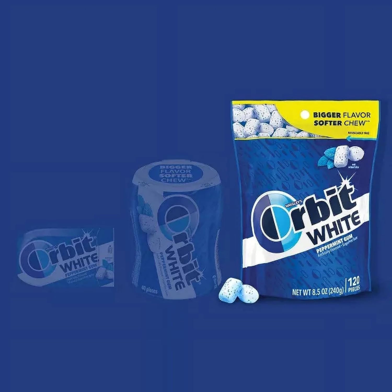 ASSORTIT X Orbit White Peppermint Sugar Free Gum, 3 Pack, 120 Pieces Per Bag, 360 Pieces Total, Resealable Bags