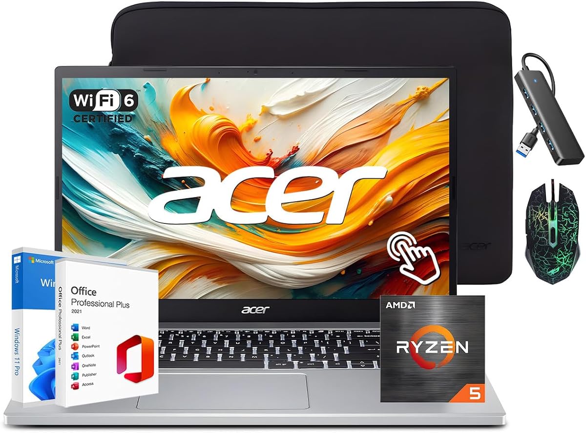 Aspire 3 15.6 FHD Touchscreen Laptop | AMD Ryzen 5 7520U CPU | 16GB RAM | 1TB NVMe SSD | 2026 Edition | Wi-Fi 6 | Windows 11 Pro| Office Lifetime for Work & Study| with Bag&Mouse&Hub