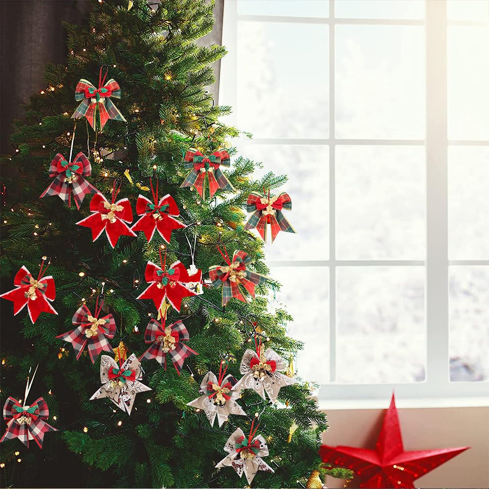 16 Pcs Christmas Mini Bows with Bells - Miniature Ornaments for Tree, Garland, Hanging Decorations | 16 Styles Decor (3.1x3.1 Inches)