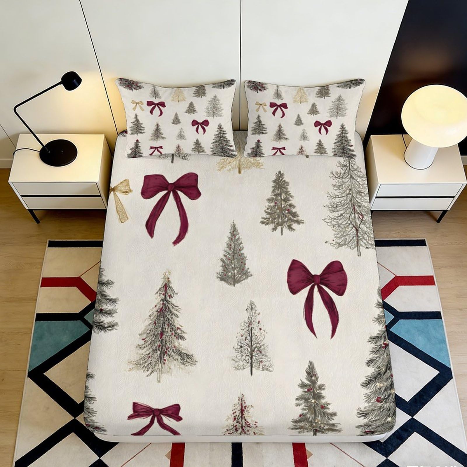 3D Printed Christmas Tree Bow Fitted Sheet Microfiber Soft Breathable Holiday Bed Cover for Bedroom Dormitory Guest Room Mattress Protection 200x200x25cm