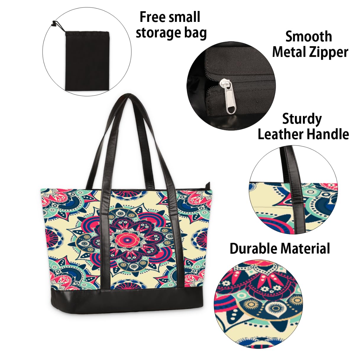 TropicalLife Etniczna mandala damska torba na laptopa etniczna mandala damska zamek błyskawiczny duża płócienna torebka na ramię torba kurierska do biura podróży na zakupy, Kolor, 15 L