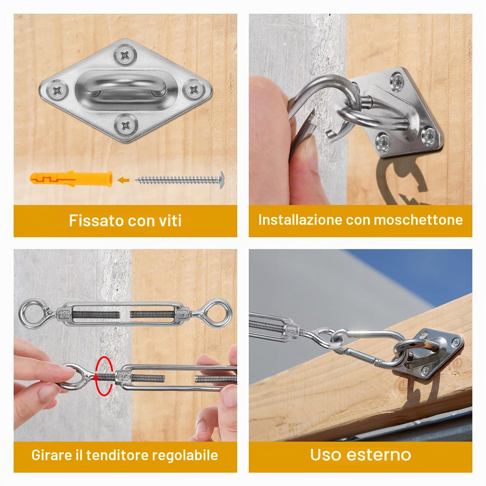 Duerer Kit fissaggio per tenda a vela ombreggiante 52 pezzi, 304 Acciaio Inox Installazione Accessori hardware per Vela Parasole da giardino Triangolare e Rettangolare, con M6 Tenditore + 2m filo