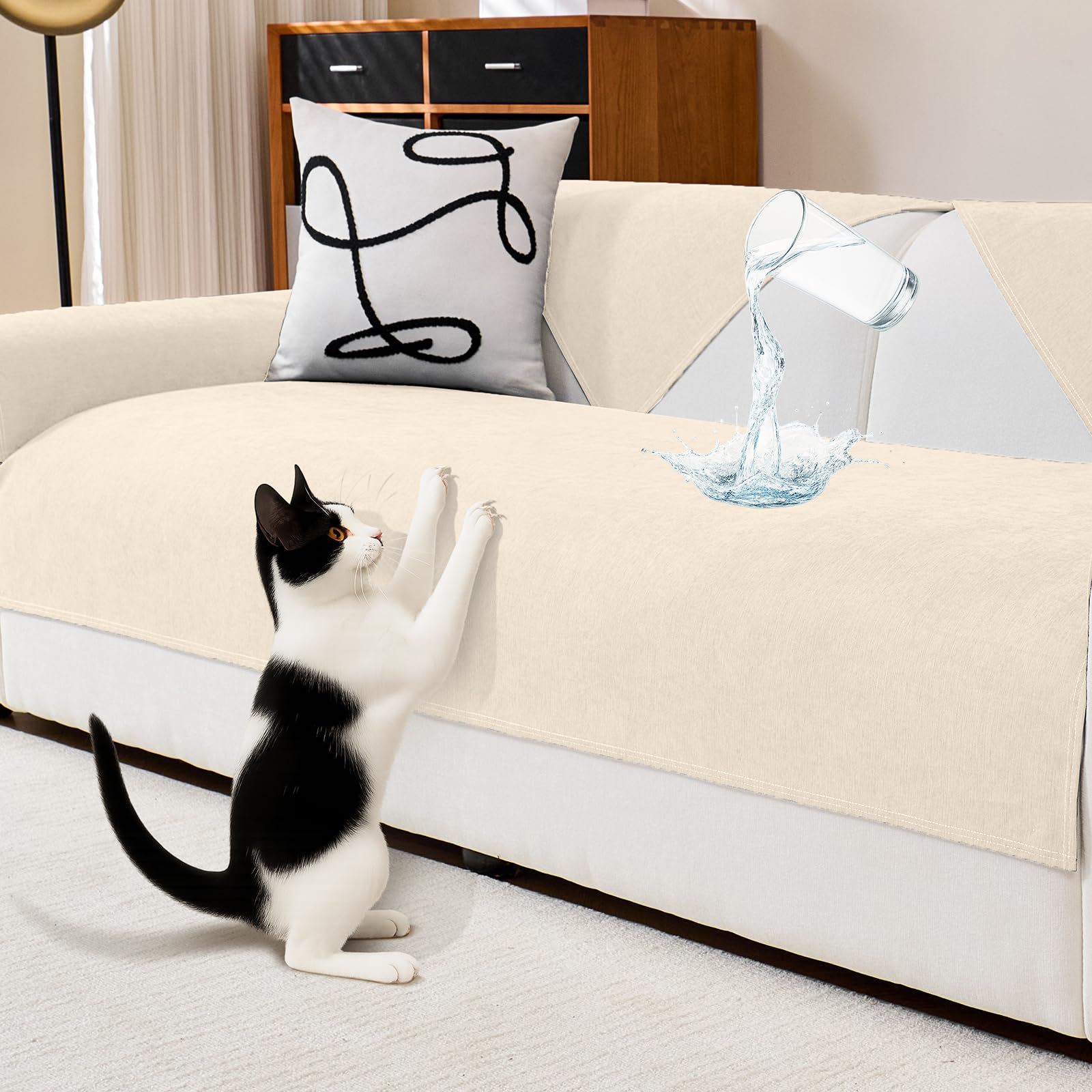 DeepDream Wasserdicht Sofa Überzug Chenille Sofabezug, Kratzfest Hund Katze Sofaschoner, Rutschfester Sofa Cover Couch Überzug 2 3 4 Sitzer für U Form L Form Sektionssofa (Beige, 90 * 90cm)
