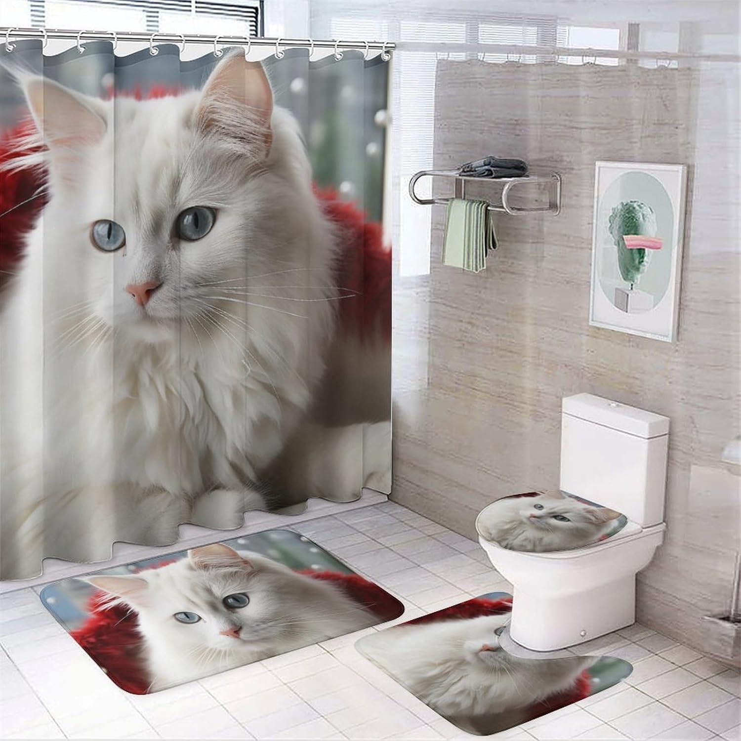 Cute White Cat Shower Curtain Set 4 Piece, Non-Slip Bath Mat with Toilet Lid Cover and Waterproof Shower Curtain with 12 Hooks, Complete Bathroom Set for Home Decor