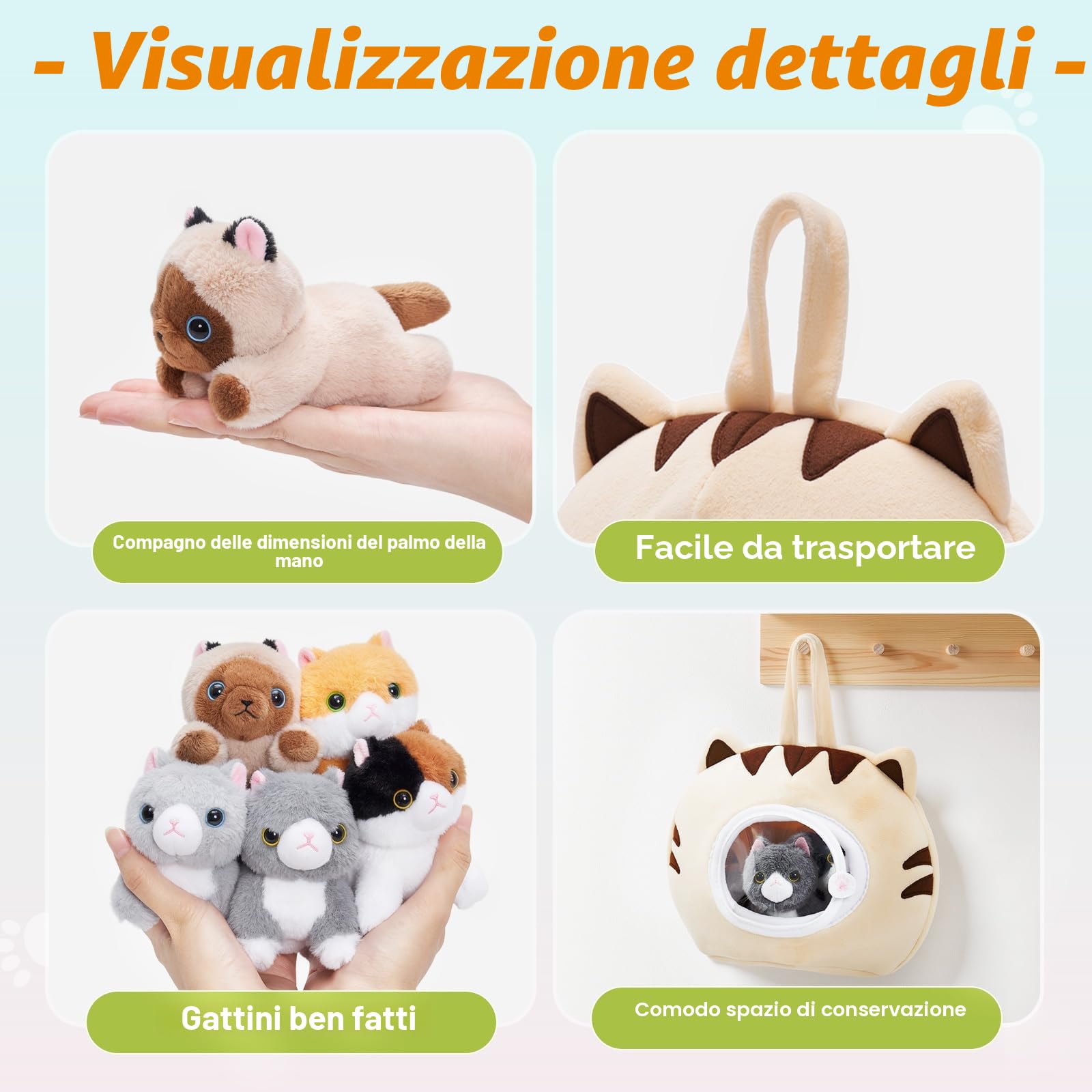 OUOZZZ Set di Peluche Gatto – 5 Gattini Morbidi con Cuccia in Peluche – Giocattolo Ideale per Bambini