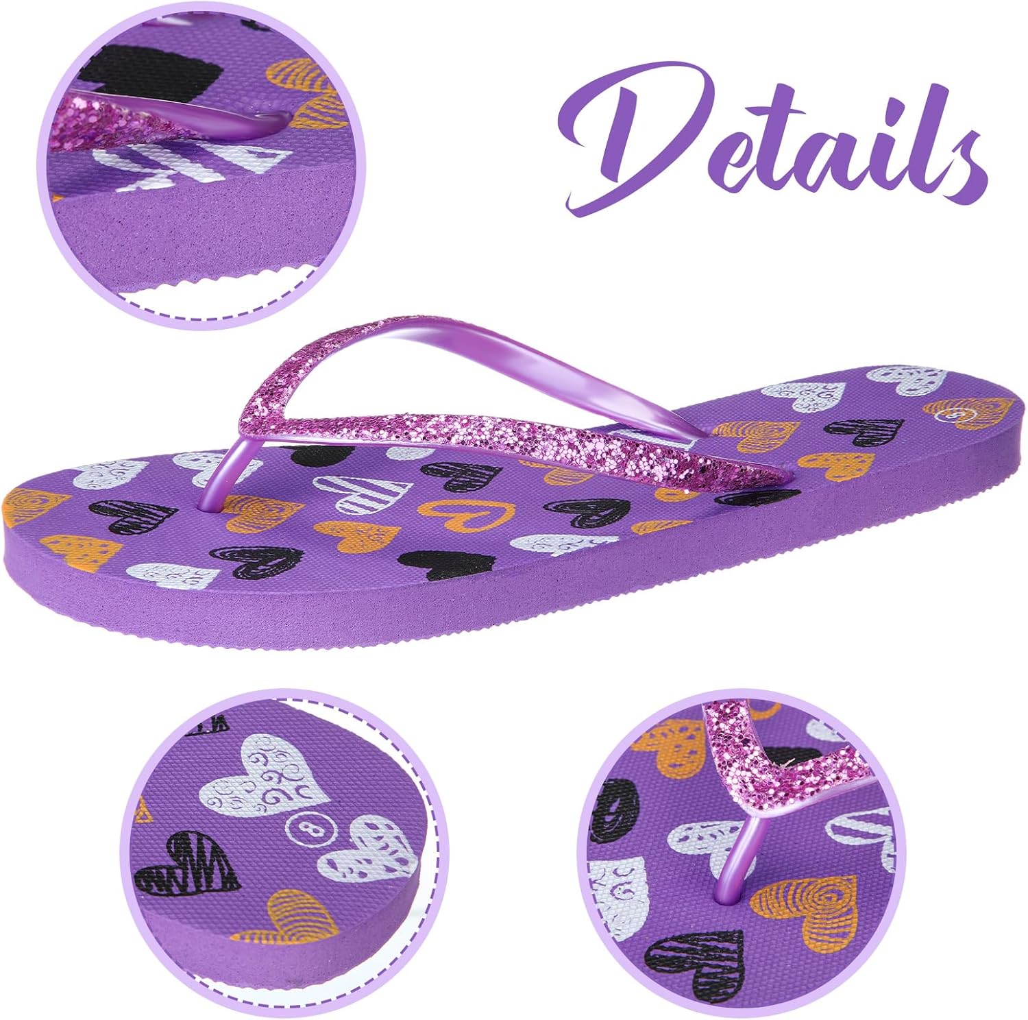 Xuhal 3 Pcs Summer Slim Flip Flop for Women Girls Shower Shoes Heart Pink Blue Purple Colored Flip Flop Sandals - Image 5