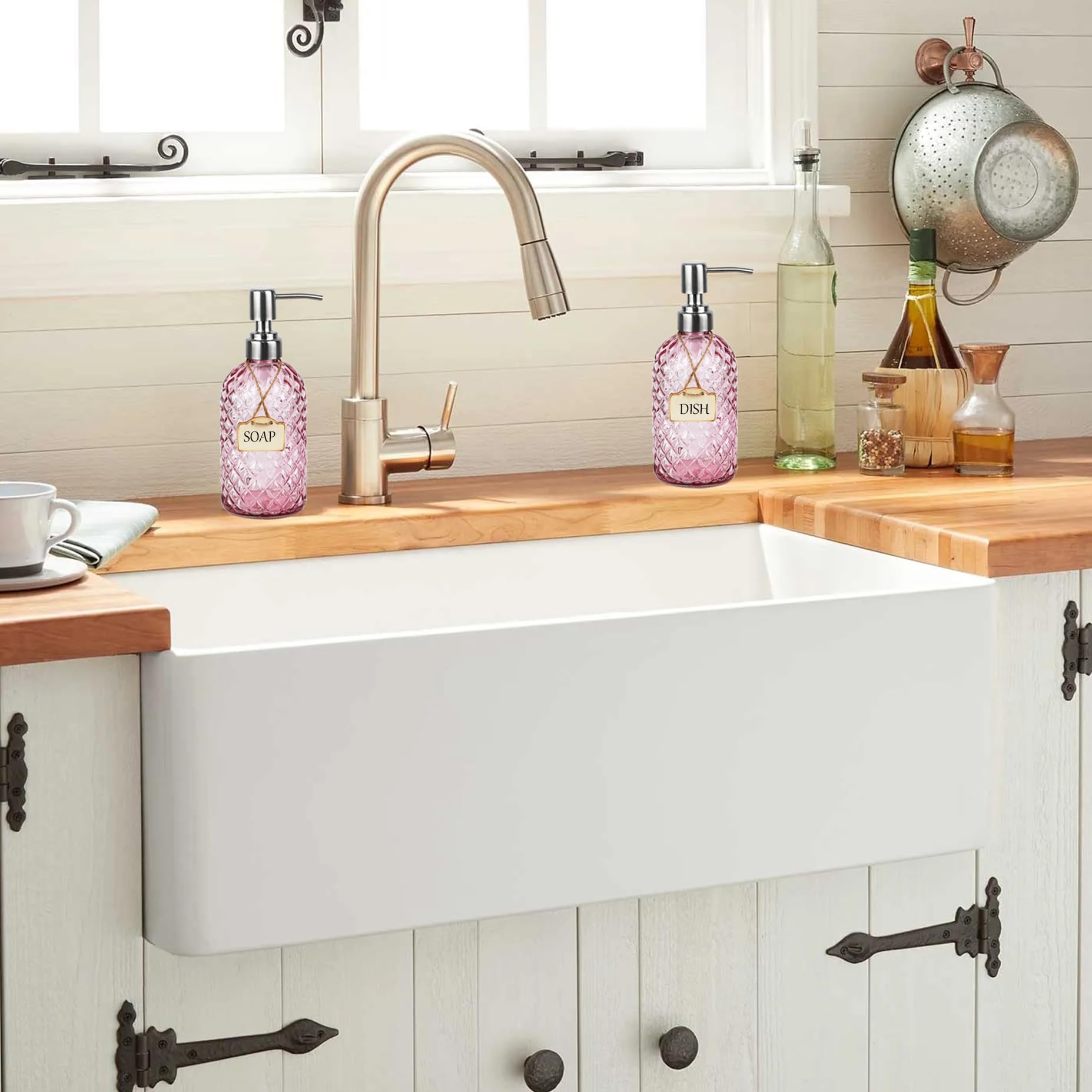 Funly mee Bathroom & Kitchen Glass Hand and Dish Soap Dispenser with 304 Rustproof Stainless Steel Pump (Pink-2pack) - Image 3