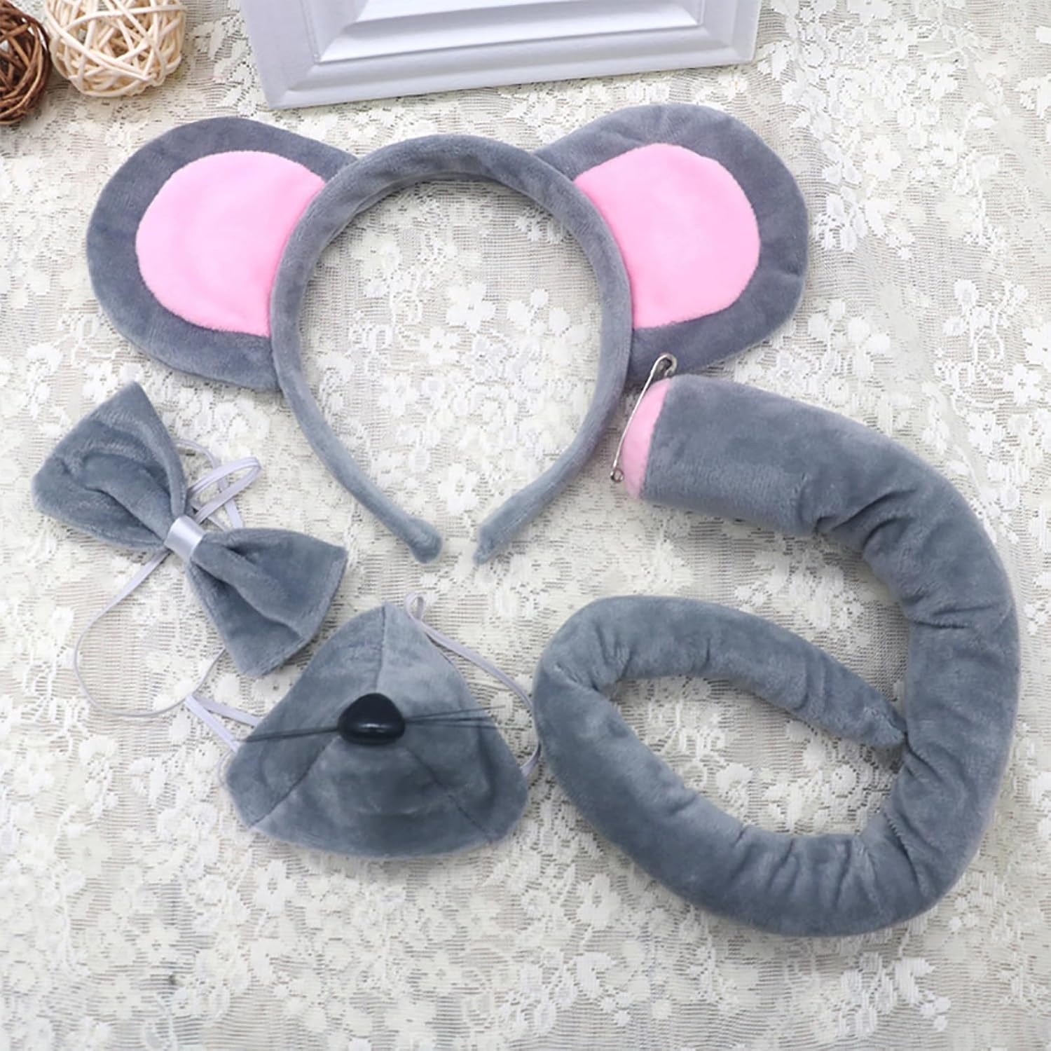Halloween Mouse Costume Women, 6 Pcs Soft Mouse Ears Headband Tail Nose Bowtie Gloves For Adult Party Wear - Image 6