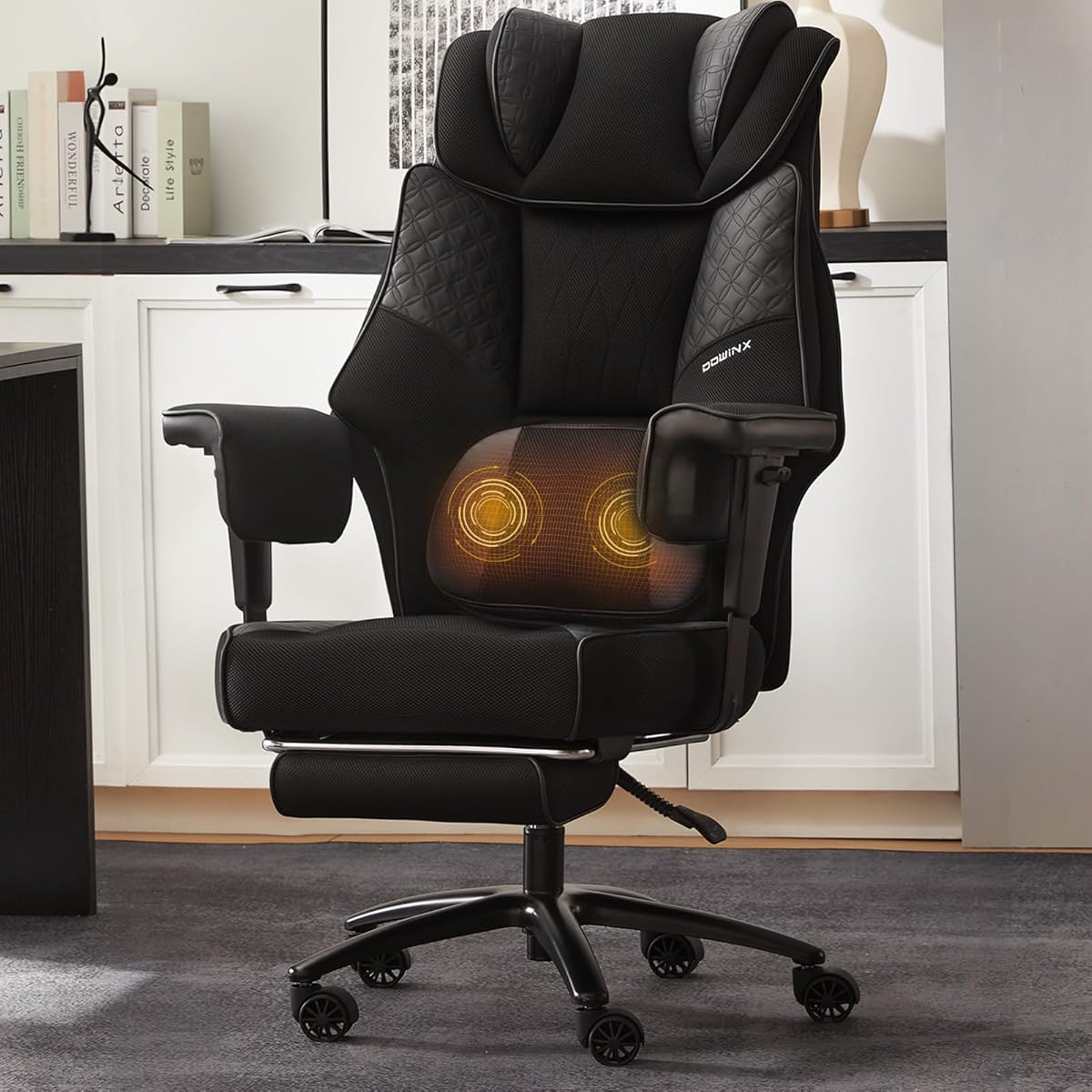 Dowinx Big and Tall Office Chair with Massage Lumbar Support,Executive Office Chair with Wide Thick Seat Cushion and Adjustable Armrest,Mesh Computer Gaming Chairs with Footrest (Black)