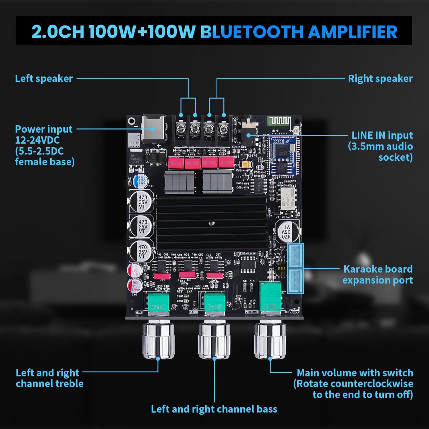 ZK-1002Q 2.0 Channel Bluetooth 5.1 Amplifier Board 200W Hi-Fi Mini Amp Supporting Qualcomm APTX-HD, AUX Lossless Input, with Treble and Bass, Mic Input DC 12-24V for DIY Speaker (ZK-1002T Upgraded)