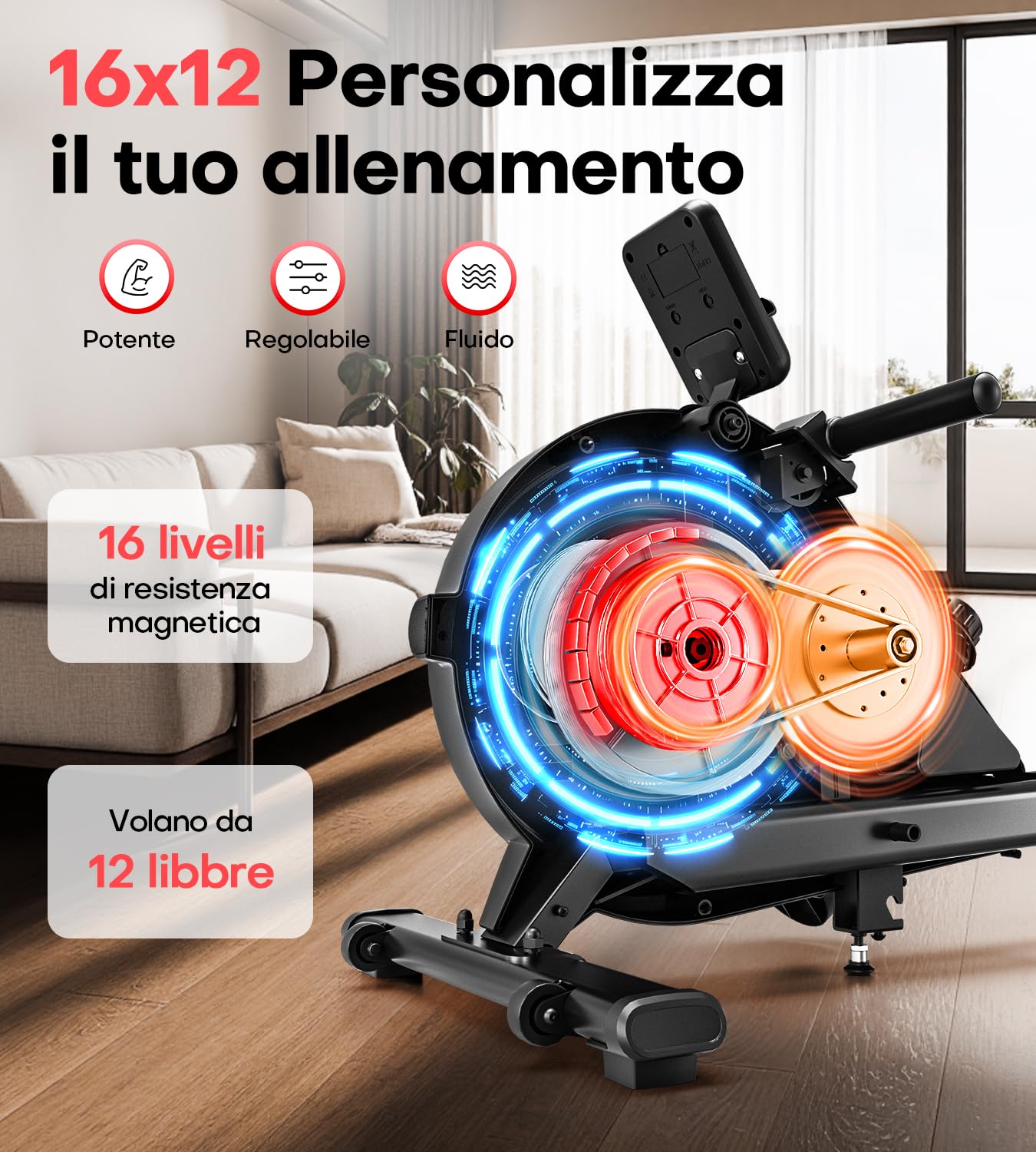 MOSUNY Vogatore per Casa, 16 Livelli di Resistenza, Vogatore Magnetico con Guide di Scorrimento Doppie Aggiornate, Ultra Silenzioso, Display LCD Compatibile con App, Capacità di Carico Fino a 160 kg