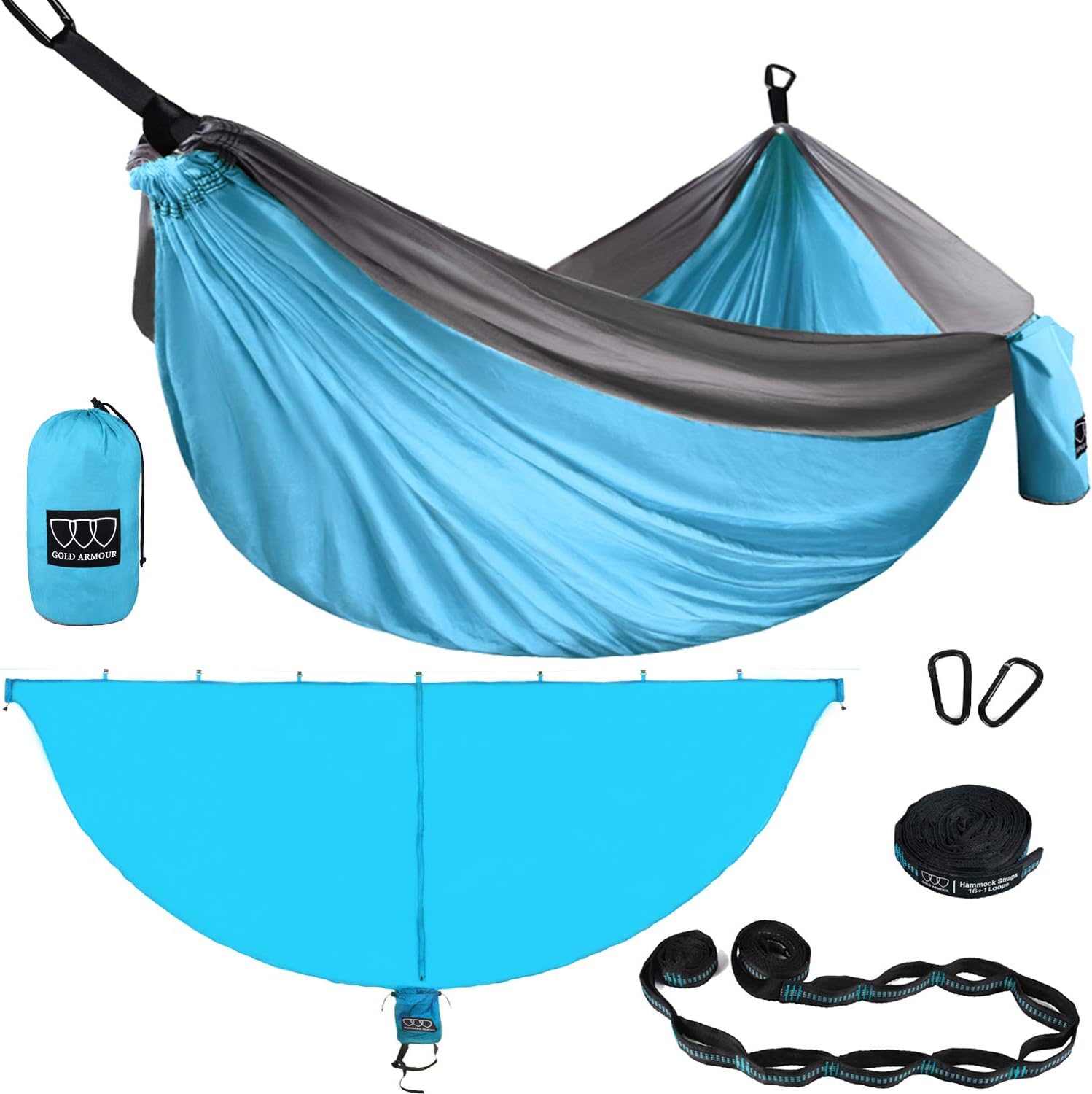 Gold Armour Camping Double Hammock with Mosquito Net Set (Removable) - Double Parachute Hammock USA Based Brand Lightweight Adults Kids, Camping Accessories Gear (Light Blue & Gray)
