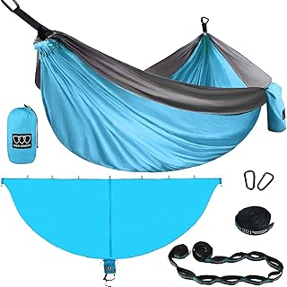 Gold Armour Camping Double Hammock with Mosquito Net Set (Removable) - Double Parachute Hammock USA Based Brand Lightweight Adults Kids, Camping Accessories Gear (Light Blue & Gray)