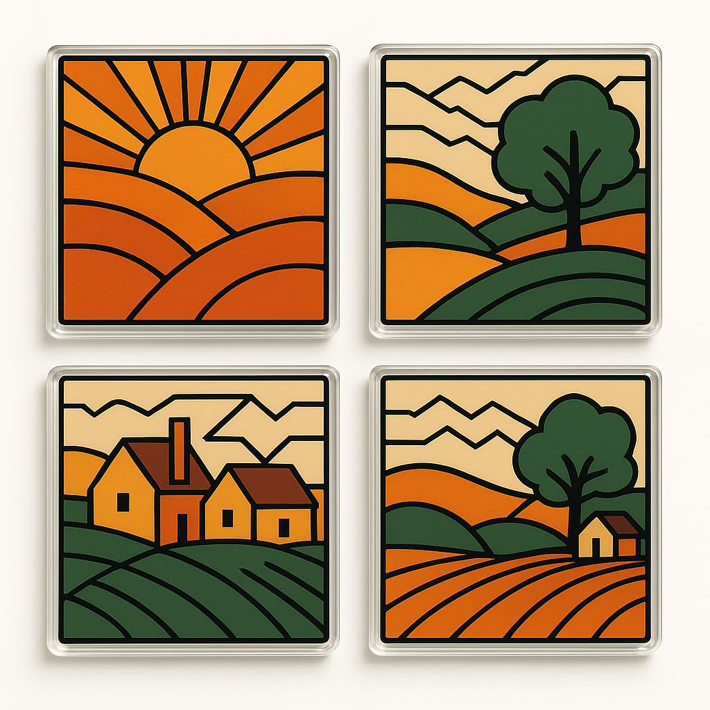 The Plum Penguin Countryside Deco Acrylic Coaster Gift Set Of 4 With Design - Vibrant Art Deco Home Decor For Garden Gatherings