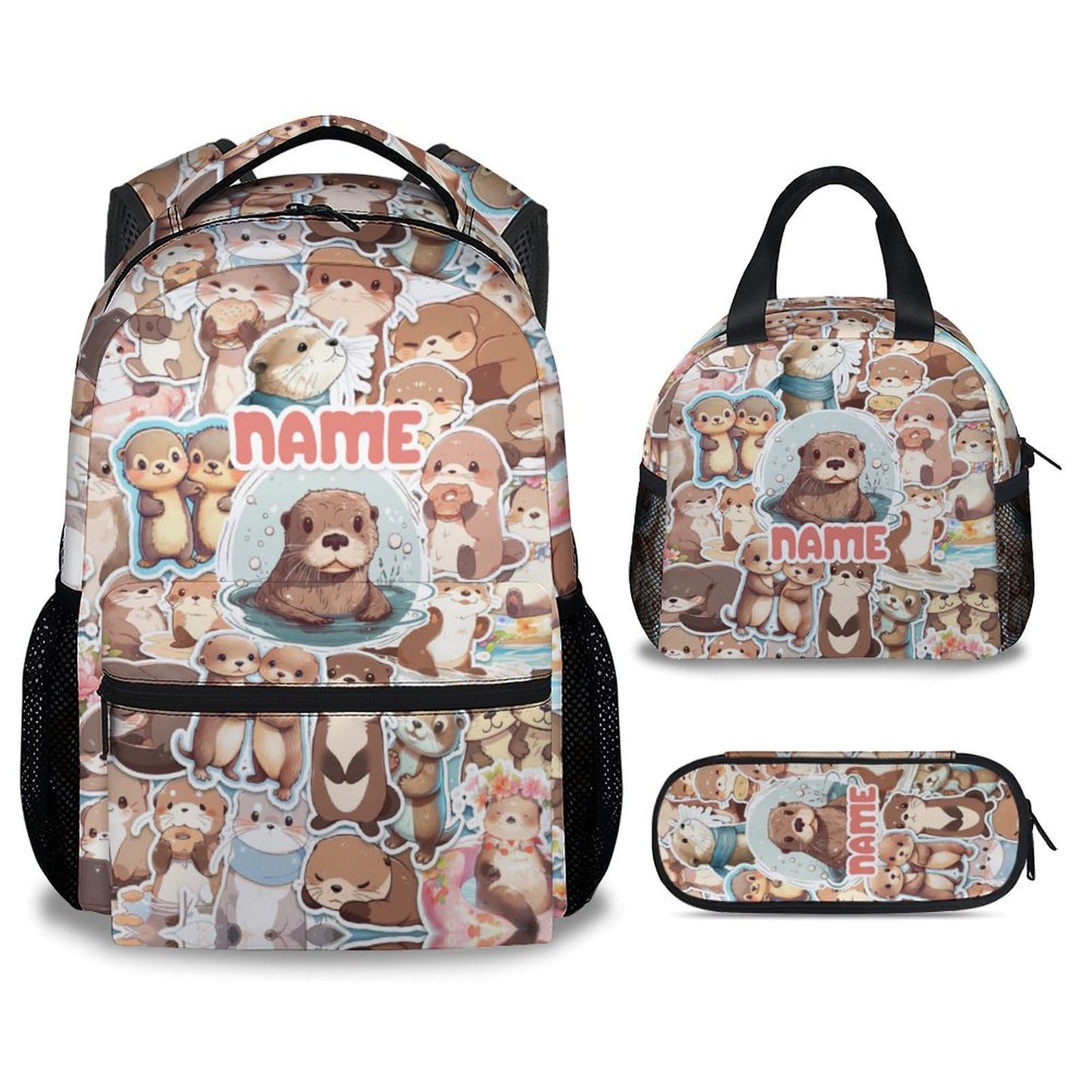 FLEXIMX Custom Otter Backpack with Lunch Box, Set of 3 School Backpacks Matching Combo, Cute Bookbag and Pencil Case Bundle