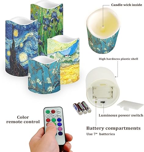 Miniatura 3 de Ystardream Van Gogh - Velas LED parpadeantes móviles de plástico con cambio de color remoto y temporizador, 4 paquetes