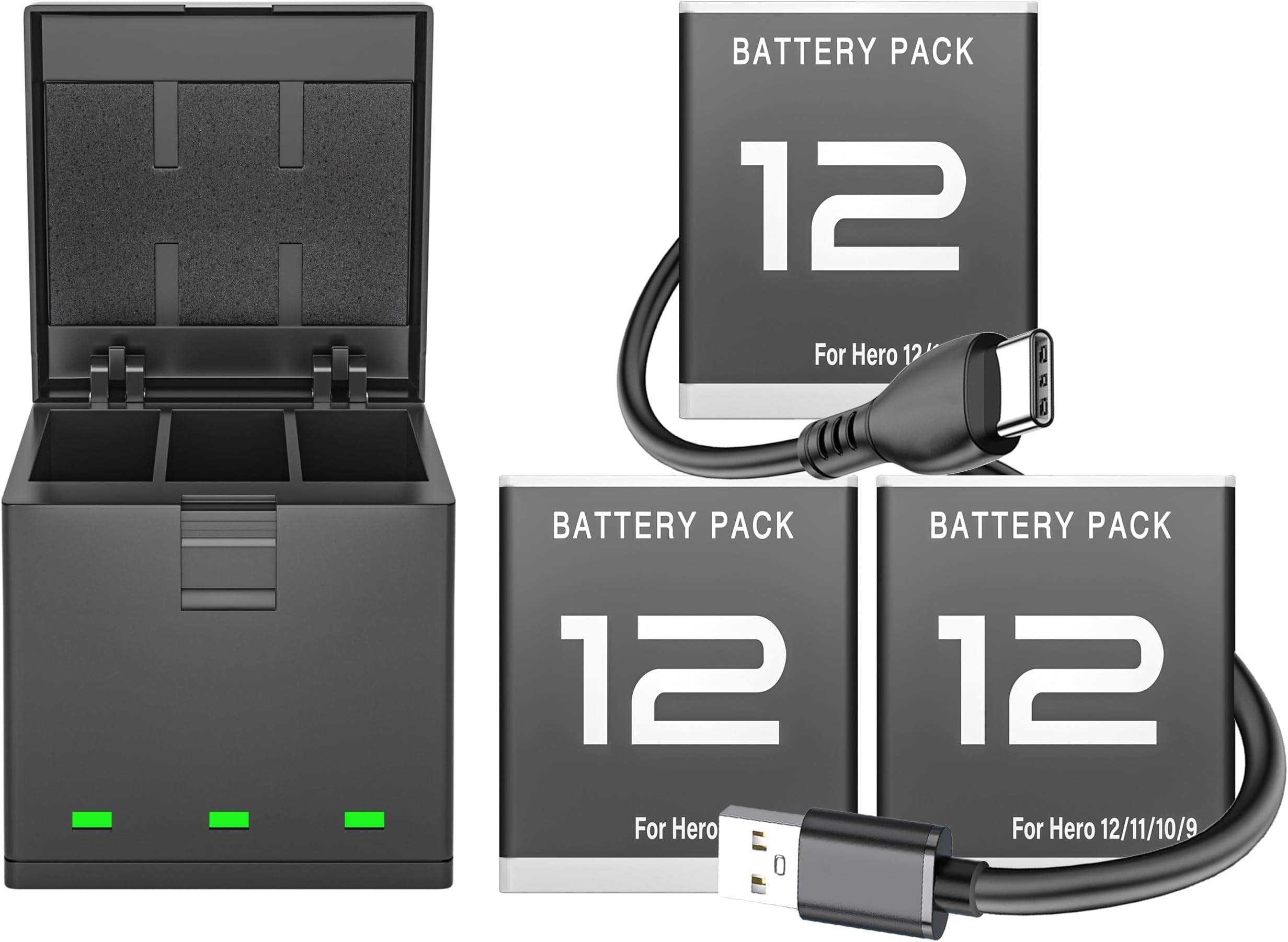for Gopro Hero 12 Battery Charger Bundle, Compatible with Go Pro 12 Hero 11 Hero 10 Hero 9 Black Enduro Camera, 3 Pack Batteries with Portable Triple USB Charging Case Box Accessories