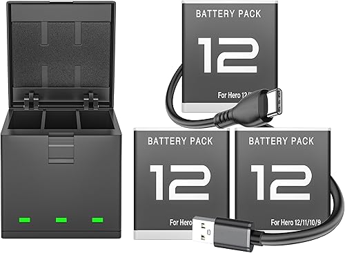 Paquete de 3 baterías y cargador Hero 12 Hero 11 Hero 10 Hero 9 Black GoPro Enduro cámara, portátil triple USB carga caso para Go Pro 12 11 10 9