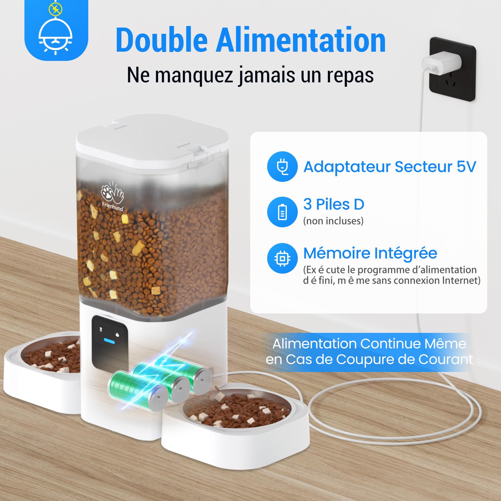 Frienhund Distributeur Croquettes Chat Automatique Double avec Alimentation Lente: 7L Gamelle Chat Automatique pour 2 Bols, WiFi 5G Distributeur Croquette Chien avec Alexa, Détachable