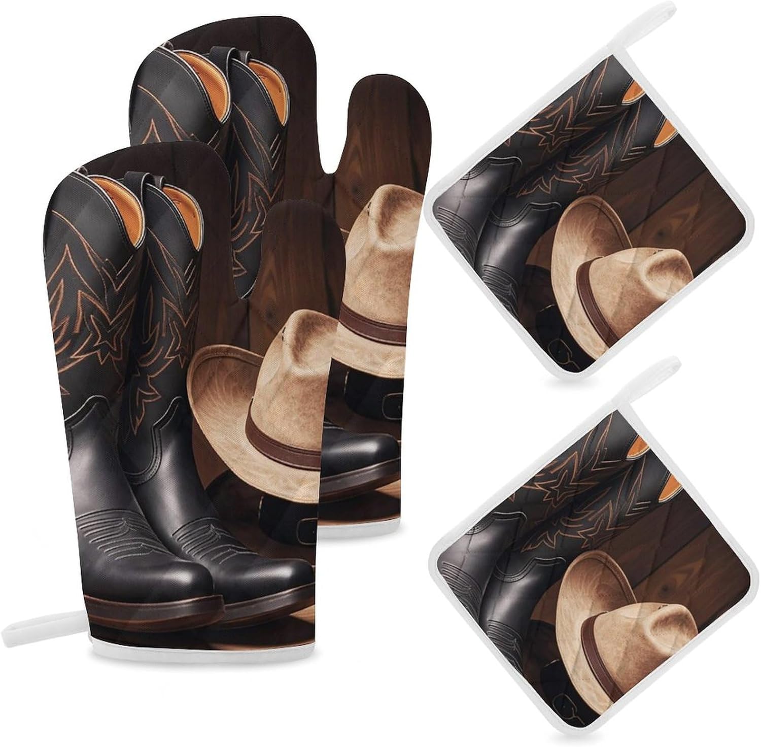 Cowboy Black Hat Western Boots Oven Mitts and Pot Holders Set 4 Kitchen Oven Glove Cooking Mitts with Hanging Loop Heat Resistant Potholder Set for Chef Baking Cooking Grilling