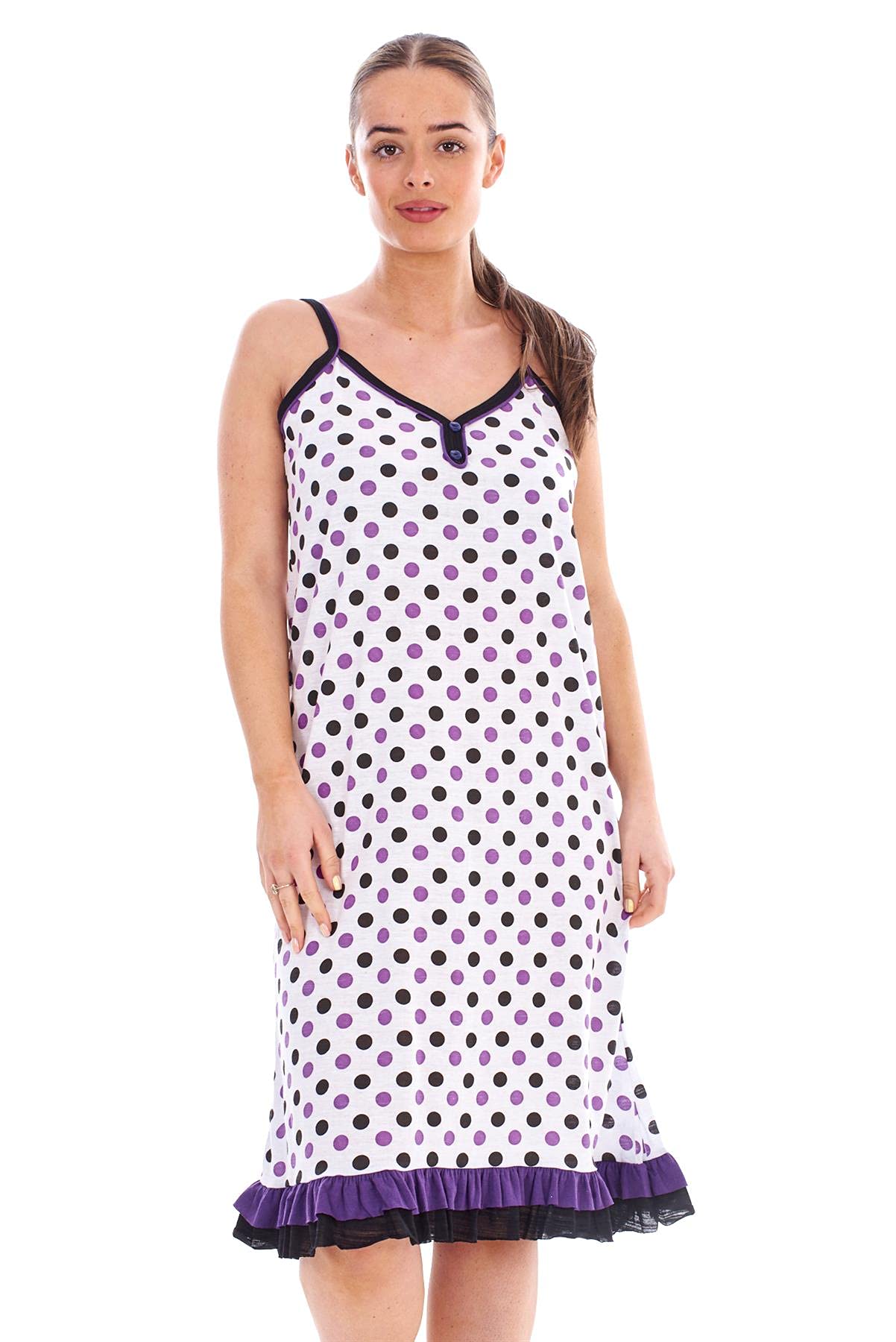 Malay Ladies Strappy Ruffle Hem Polka Dot Nightdress Cotton V-Neck Cami Nightshirts Purple