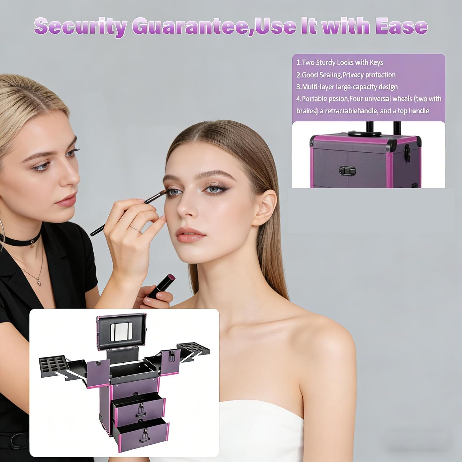 Professional Makeup Train Case, Cosmetology Case on Wheels,Large Rolling Makeup Case, 14.57x9.45x25.98In Purple with 4 Wheels & Mirror, Zinc Alloy Wood PVC, Salon Travel Storage