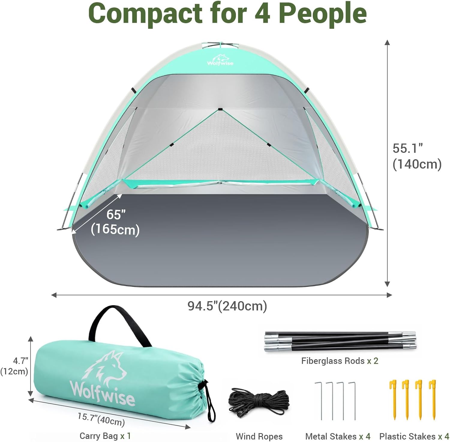 Wolfwise Beach Tent Sun Shelter for 3/4/5 Person with UPF 50+ UV Protection, Sun Shade Beach Tents with Extendable Floor for Privacy, 3 Ventilated Mesh Windows & Carrying Bag, 95 "x65 x55,Mint Green