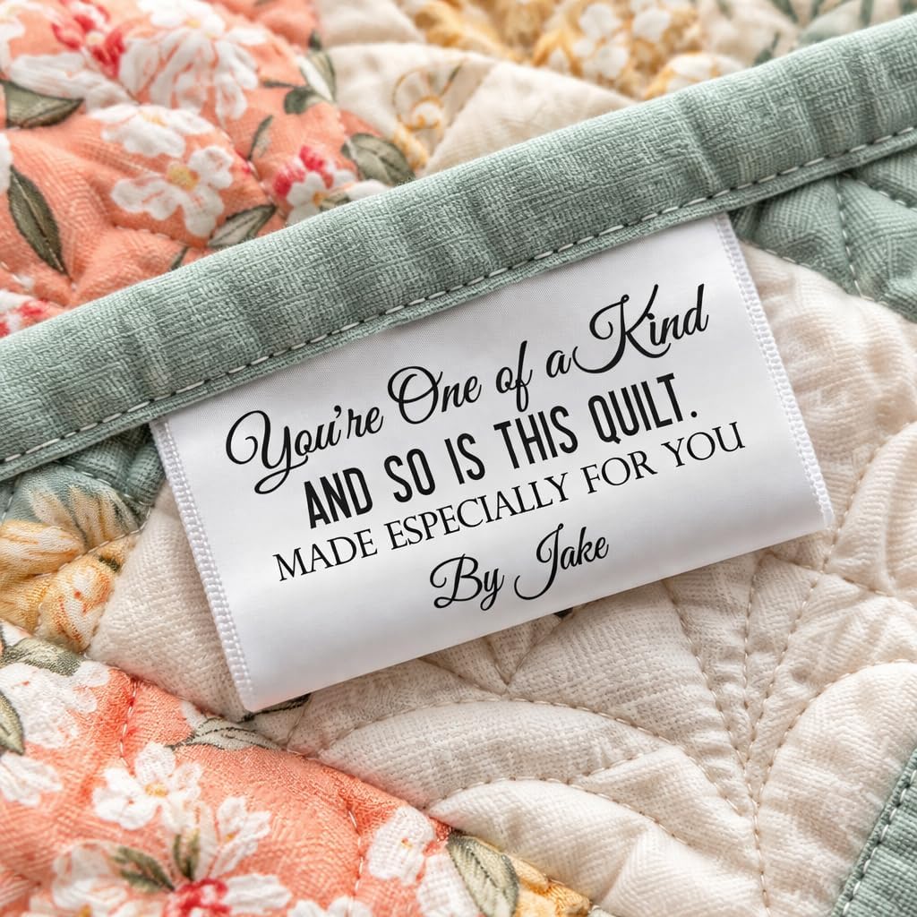 Personalized Satin Quilt Labels – “You’re One of a Kind” Custom Fold Over Fabric Tags for Quilts, Sewing & Handmade Gifts – Custom Name Labels (Set of 25) 3 x 1 After Folding