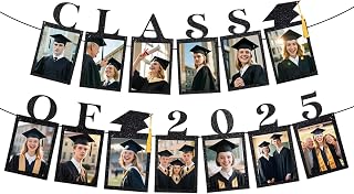 Class of 2025 Graduation Photo Banner, 9.8ft Pre-Strung Photo Display Graduation Decoration with Real Tassel, Glitter Black Backdrop for Grad Party Decors 2025 (Fits 5x7" Photos)