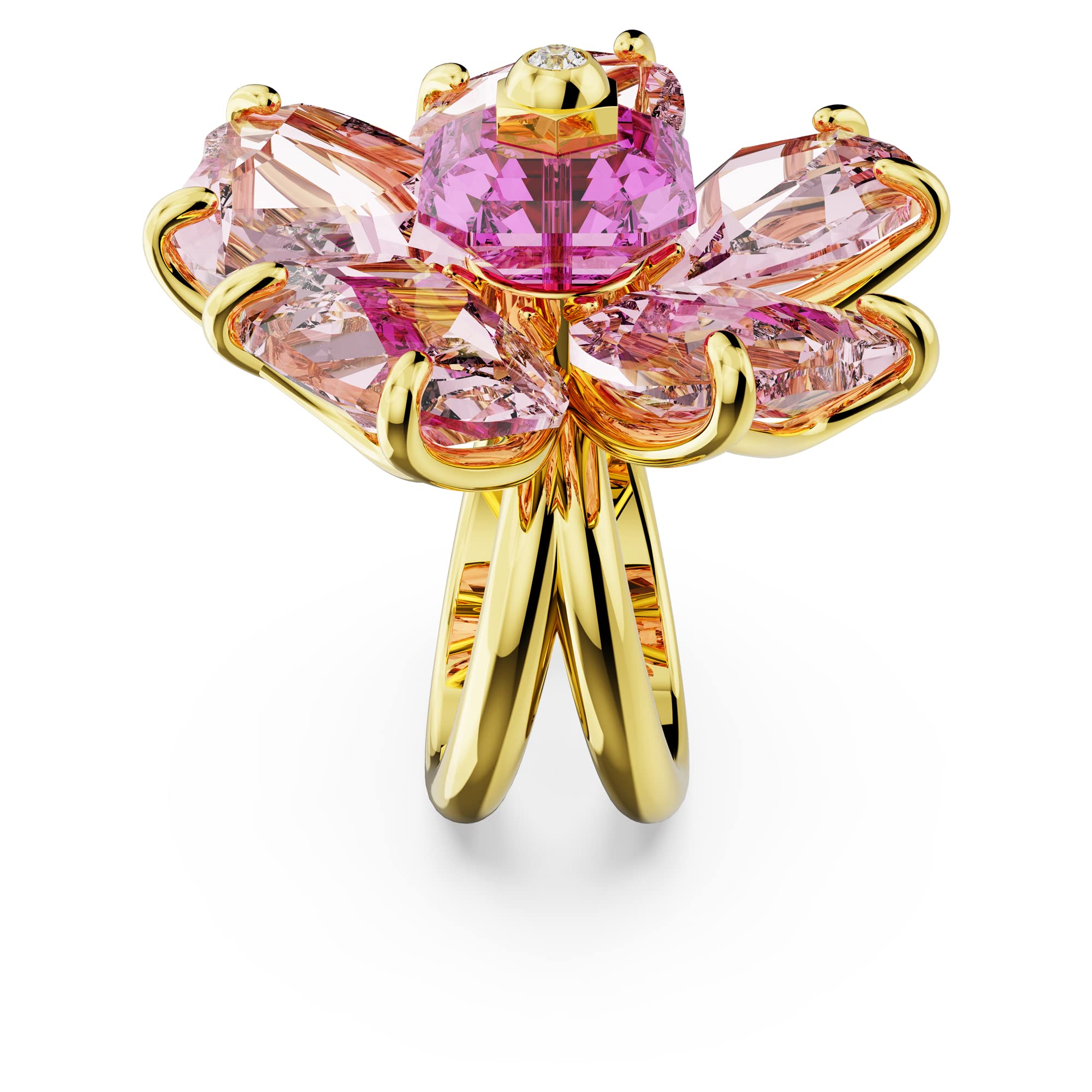 Swarovski Idyllia Kolekcja pierścionek koktajlowy, różowy motyw kryształowy szlif płatkowy z białą cyrkonią w oprawie w odcieniu złota