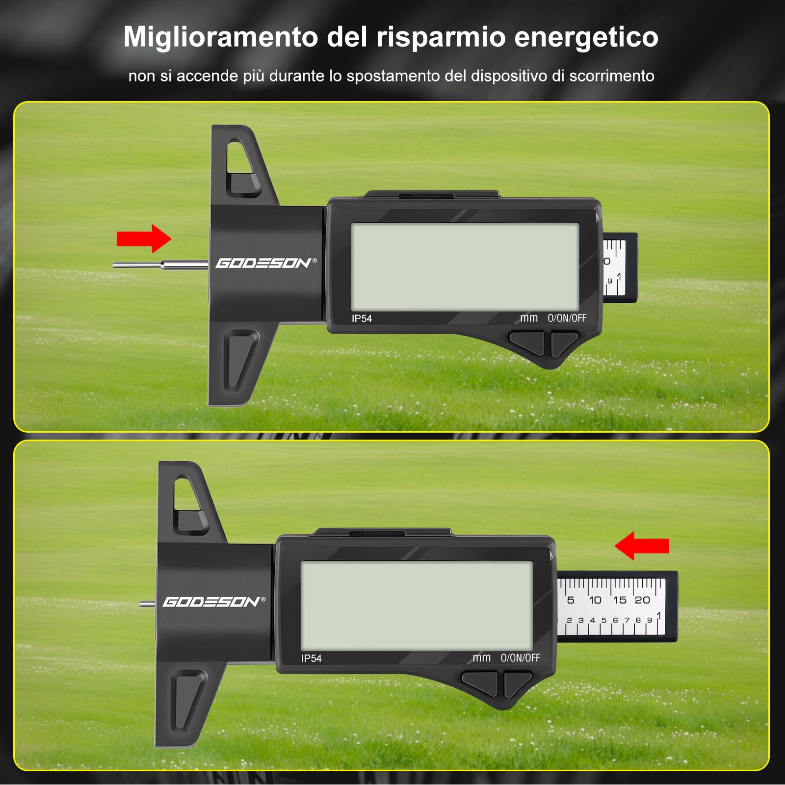 GODESON Spessimetro per Pneumatici Digitale, Intervallo 0-25,4mm/1 Pollici, Impermeabile IP54 Misuratore di Profondità con Ampio Display LCD, per Auto, Moto e Vans