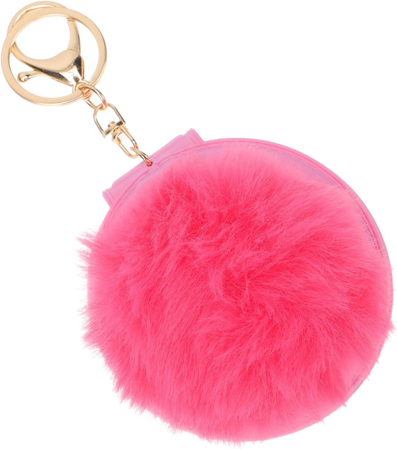Mini Plush Ball Makeup Mirror Keychain, Double-sided Pvc Compact Mirror with Pink and Gold Keyring, Portable Travel Accessory for Women