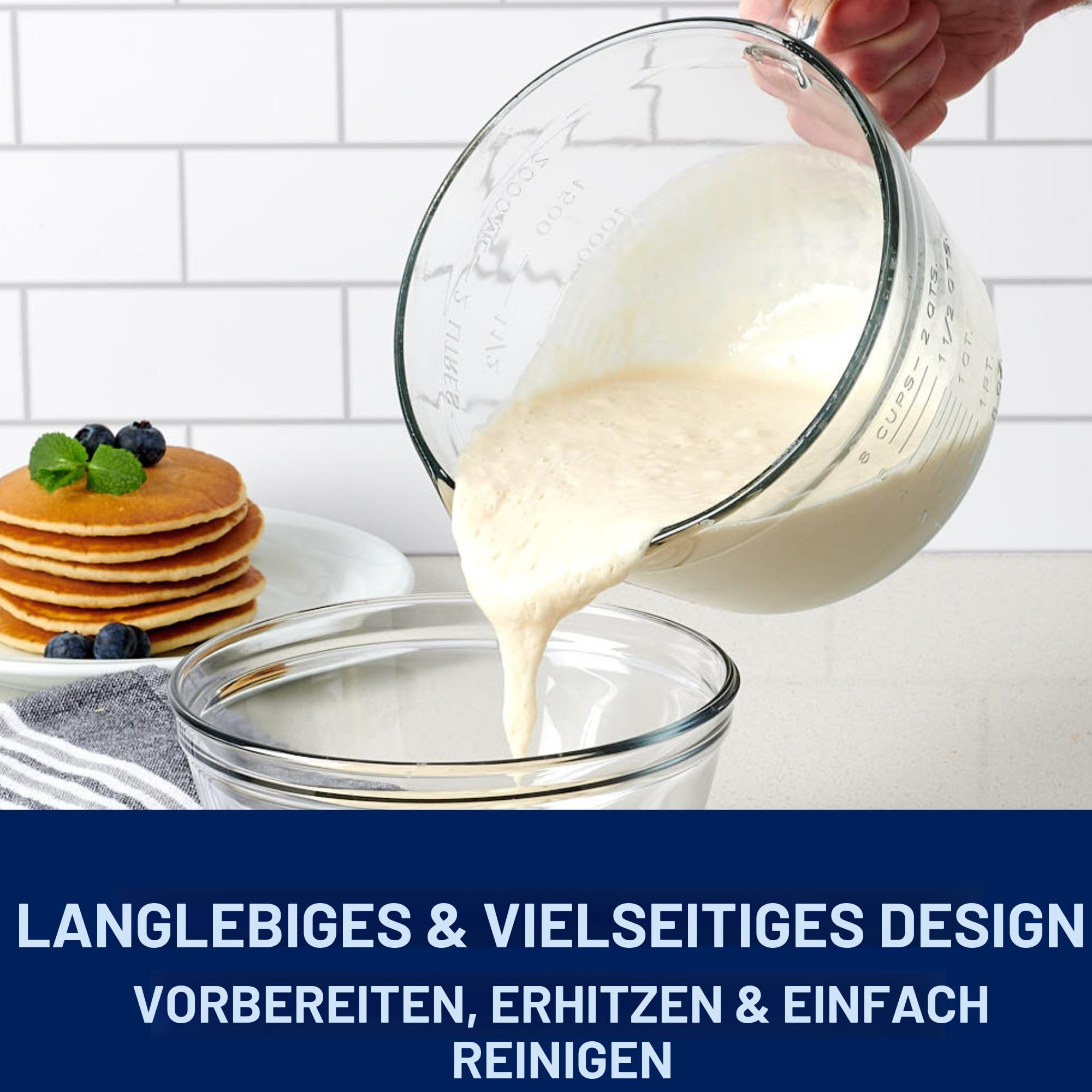 Anchor Hocking Messbecher Glas 1,9 L, mit Deckel, Ausguss und Griff, Blau