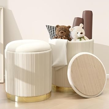 Caroeas 2 Pack Round Ottoman with Storage, Upholstered Velvet Storage Ottoman with Gold Trim, Vanity Stool for Makeup, Foot Rest for Living Room, Bedroom, Beige