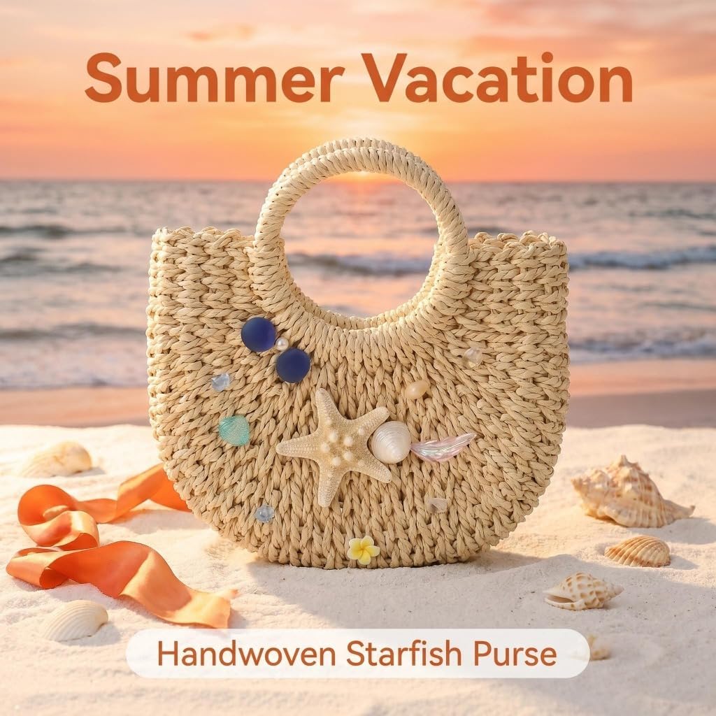 Starfish Purse White Straw Beach Bag, Woven Crossbody with Seashell Starfish Decor, Summer Cute Handbag for Women image 3