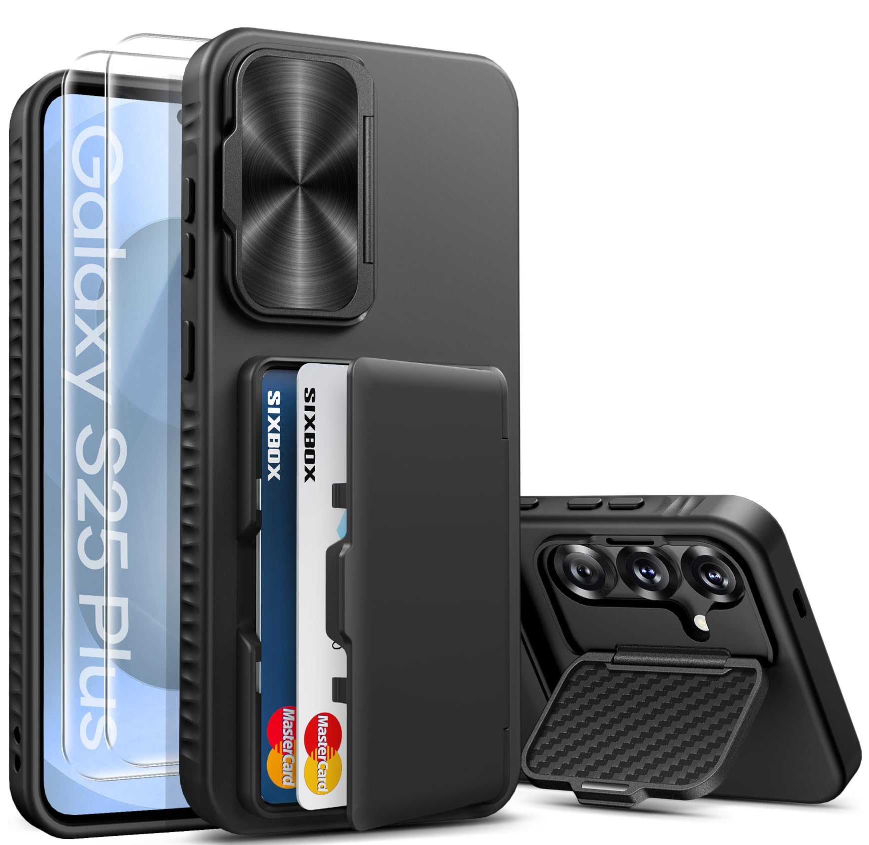 SIXBOX for Samsung Galaxy S25+ Plus Case with Card Holder, Built-in Stand & [2 Pack] Screen Protector & Camera Cover, Rugged Protective Wallet Kickstand Phone Cover Case for S25+ Plus 6.7