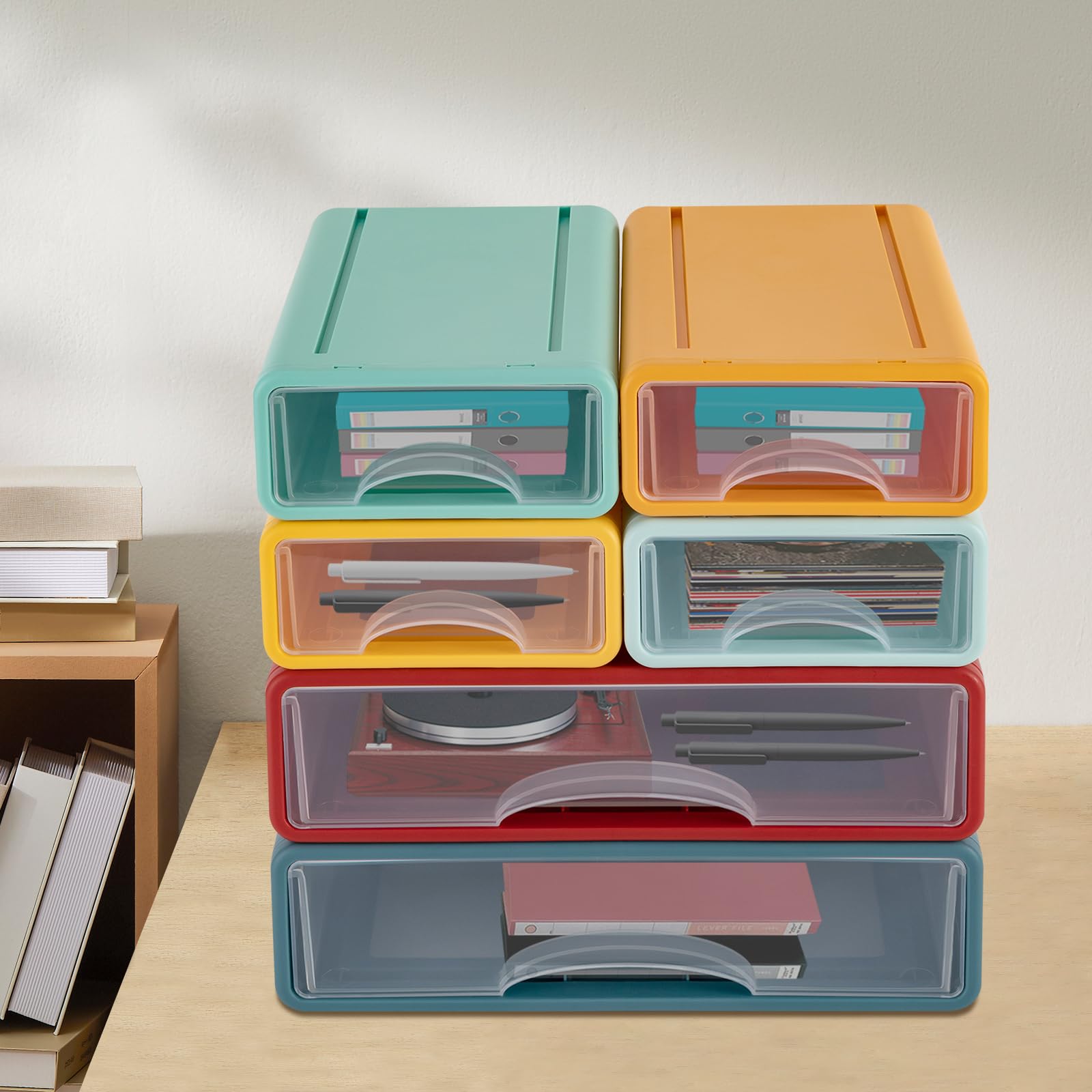 Boîte de rangement de bureau à 6 tiroirs en plastique empilable pour documents, fournitures de bureau, bijoux, cosmétiques, maison et bureau, boîte de rangement de bureau DIY (multicolore)