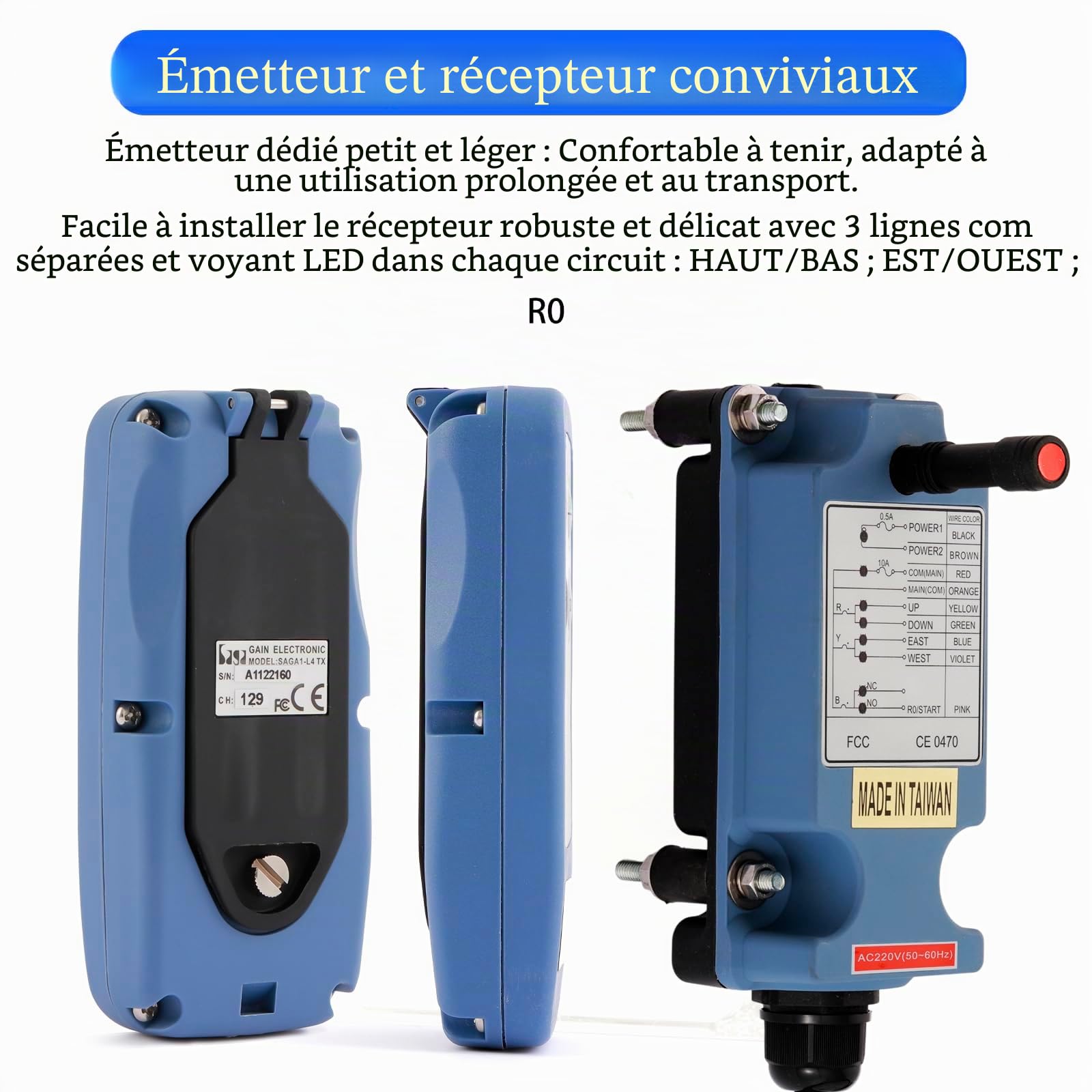 Mini Télécommande sans fil pour pont roulant grue pour industriel 4 canaux boutons 220V électrique Treuil Remorque à benne basculante radio 2 émetteurs et récepteur Saga-L6