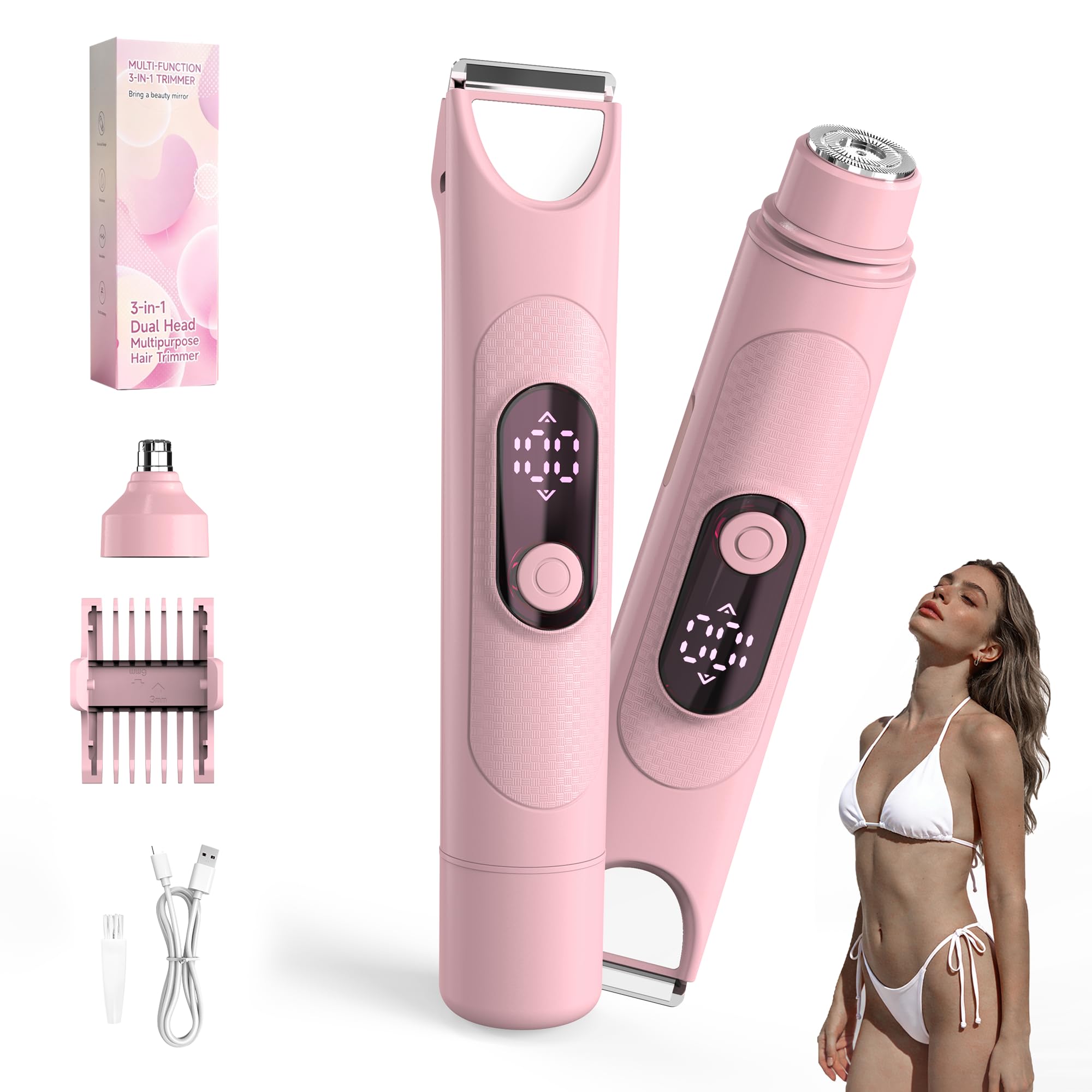 Elektrisch Rasierer Damen, 3-in-1- Elektrischer Trimmer Intimrasierer für Frauen, für Bikinizone Achseln Beine Gesicht mit LED-Anzeige, Wiederaufladbarer Damenrasierer Elektrisch Nass & Trocken, Rosa