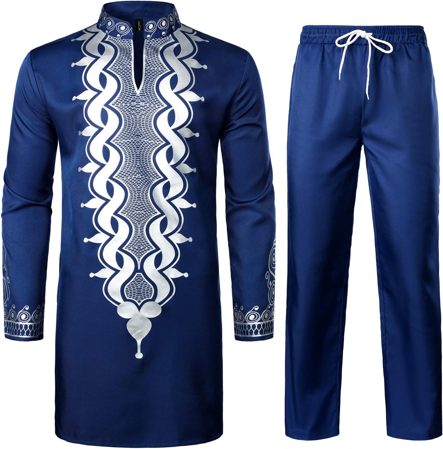 LucMatton Men's Dashiki Shirt Suit African 2 Piece Set Metallic Foil Stamping Mandarin Collar Outfit