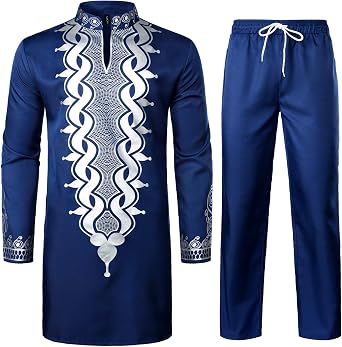 LucMatton Mens Dashiki Shirt Suit African 2 Piece Set Metallic Foil Stamping Mandarin Collar Outfit