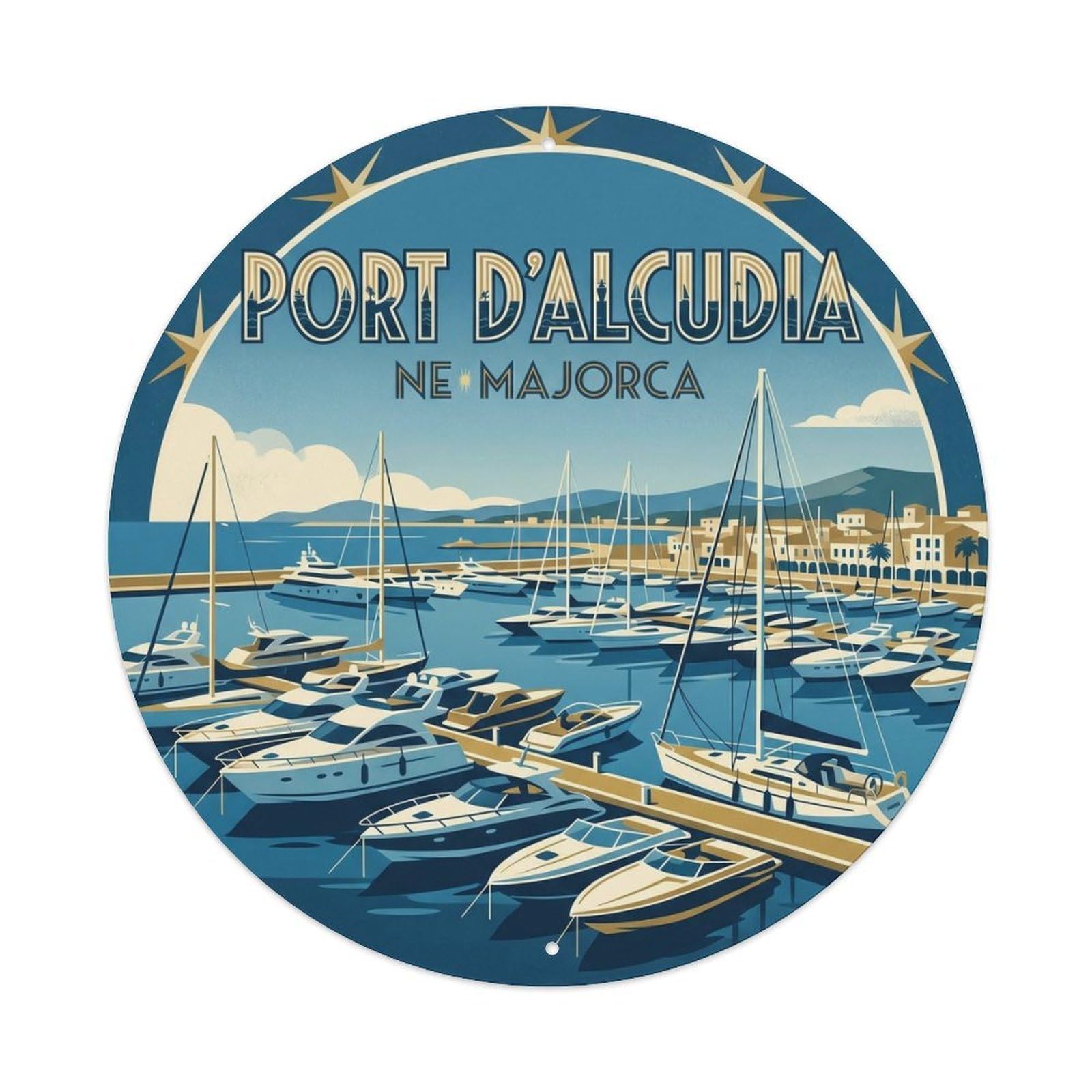 Okahys 8X8inch Classic Style Mallorca Harbor De Alcudia Travel Landmark Balearic Metal Tin Sign