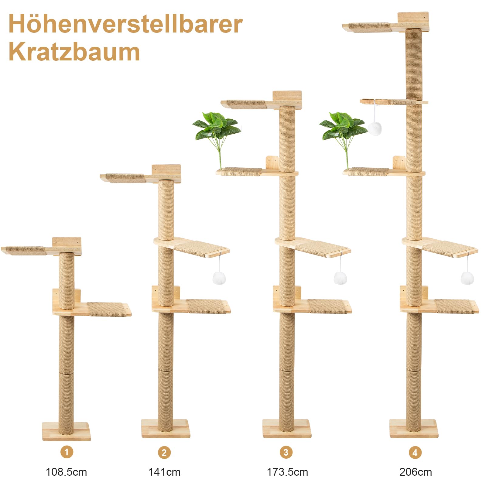 Youyijia Katzenkratzbaum 206cm aus Naturkautschukholz, 5 Etagen Wandmontierter Katzenbaum mit Verbreiterter Basis, Plüschbällen, 360° Drehbar, XXL Kletterbaum für Katzen zum Klettern, Kratzen