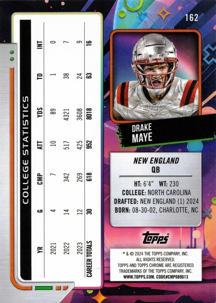 2024 Topps Cosmic Chrome Football #162 Drake Maye Rookie Card