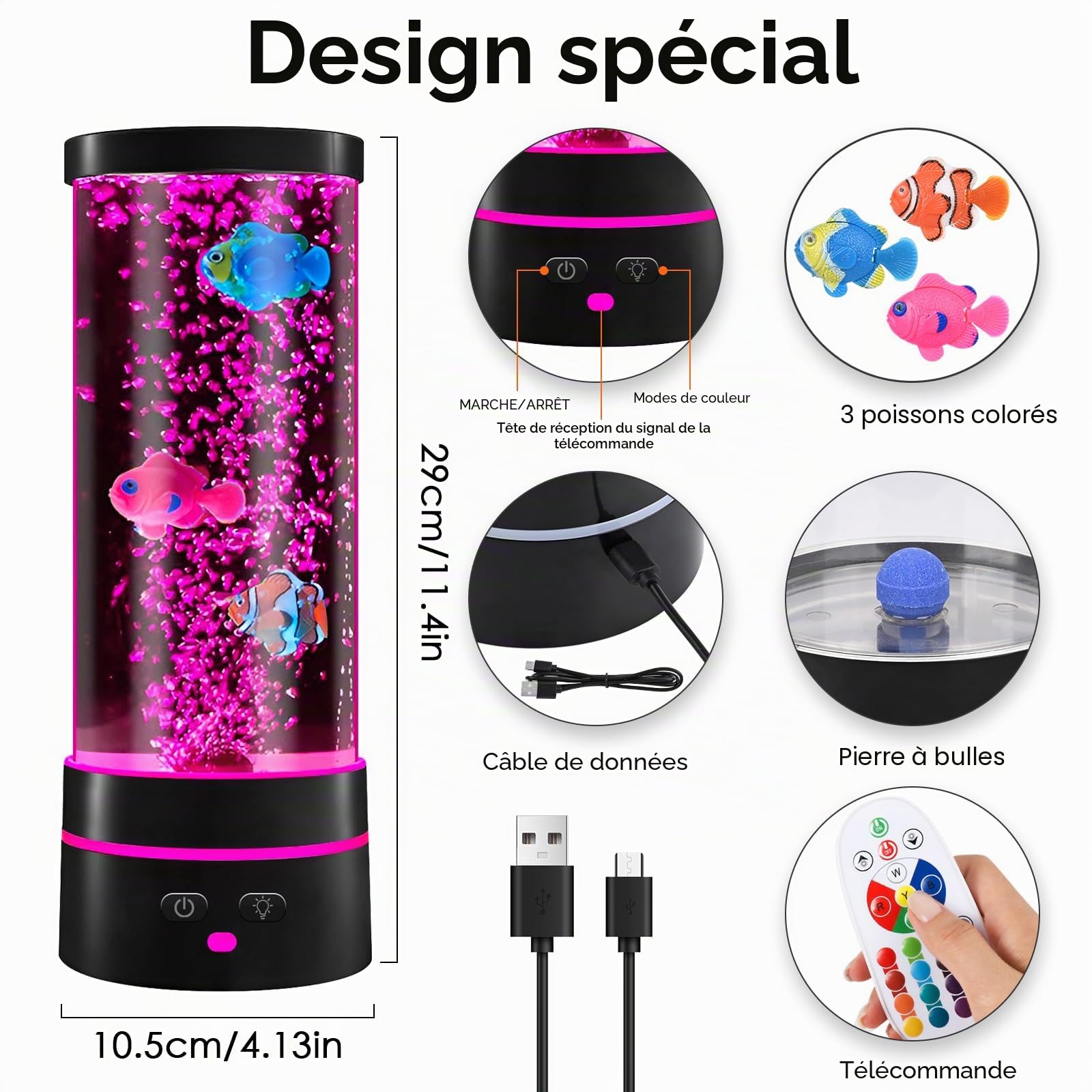 Lampe à Lave avec Poisson USB LED 29 cm 16 Couleurs Changeantes Lampe à Bulles d'Ambiance pour Enfants