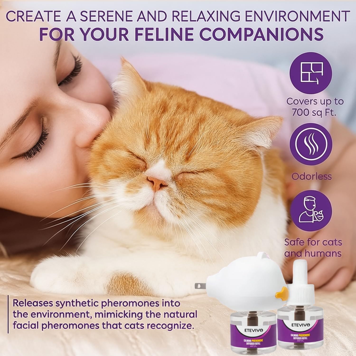 Cat Pheromones Calming Diffuser Cat Anxiety Relief Pheromones for Cats Promotes Well-Being & Comfort Cat Calming Diffuser with 2 Refills 60 Days Long Lasting Serenity - image 4